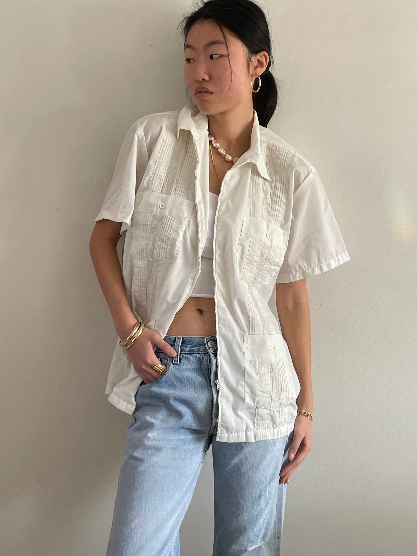 vintage embroidered zip front Haband Guayabera cotton white short sleeve shirt | XL