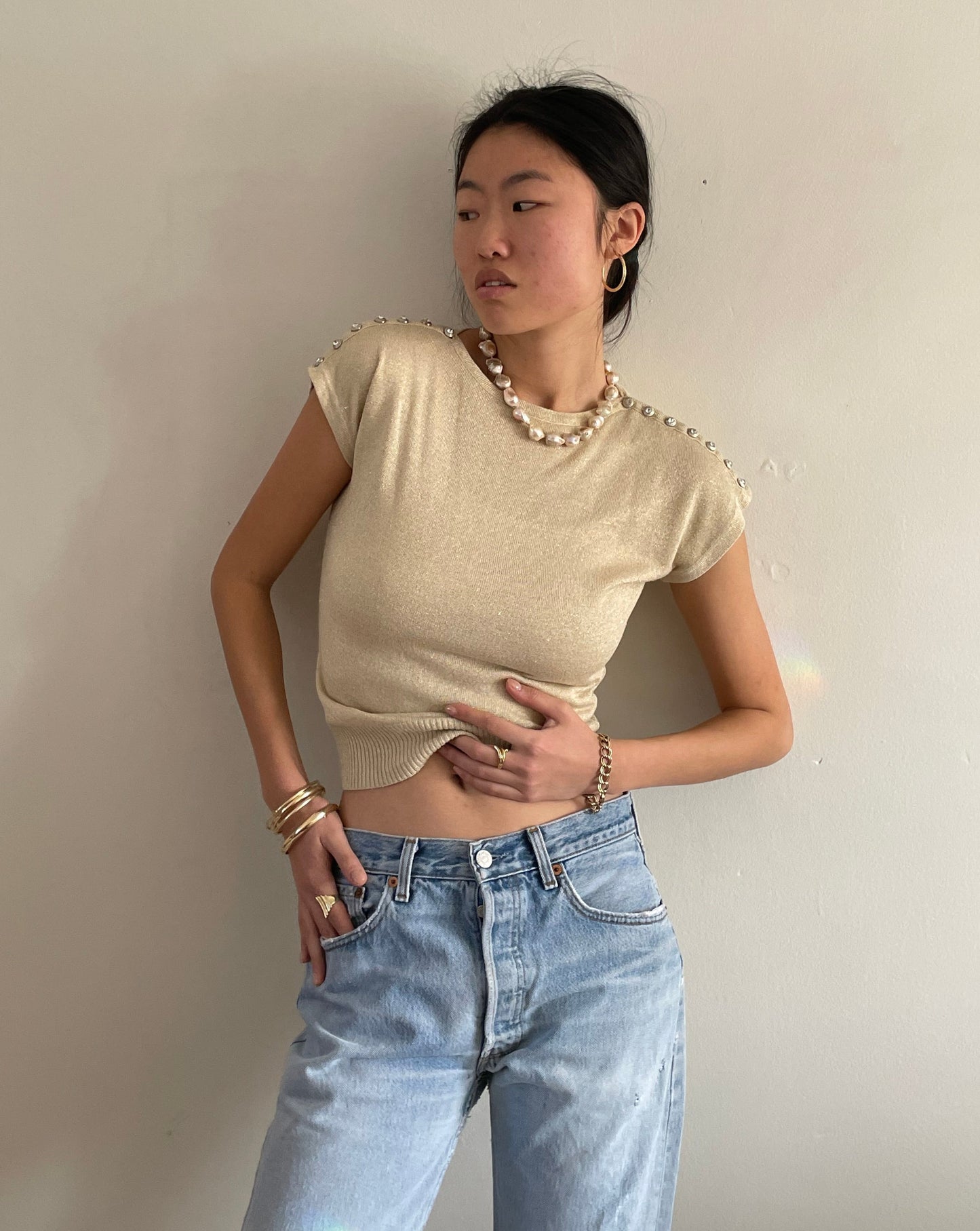 vintage gold knit cropped tee t-shirt shoulder button sweater Medium