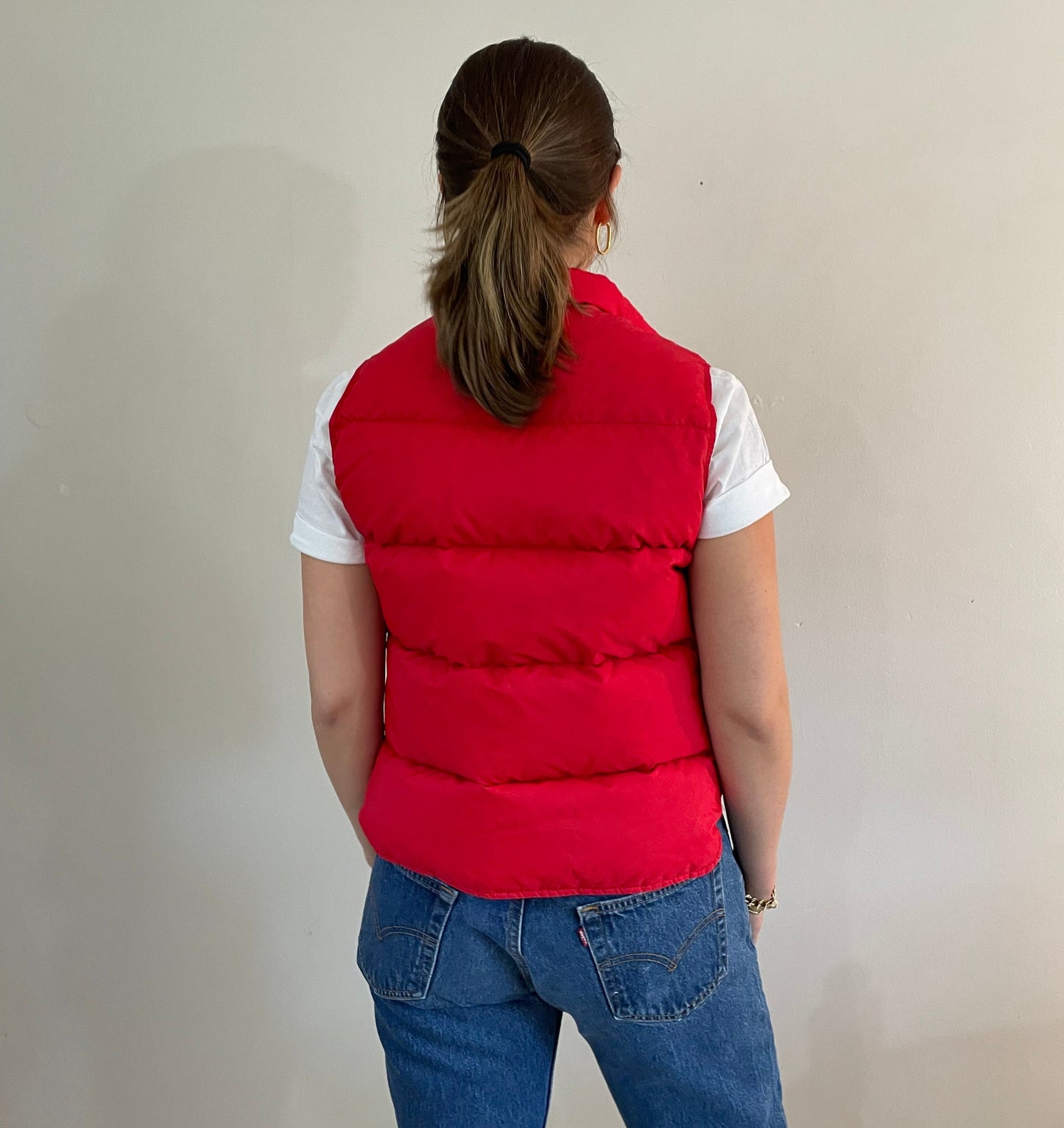 vintage 70s LL Bean goose down cherry red puffy womens vest | Cursive snap front cropped puffer Small