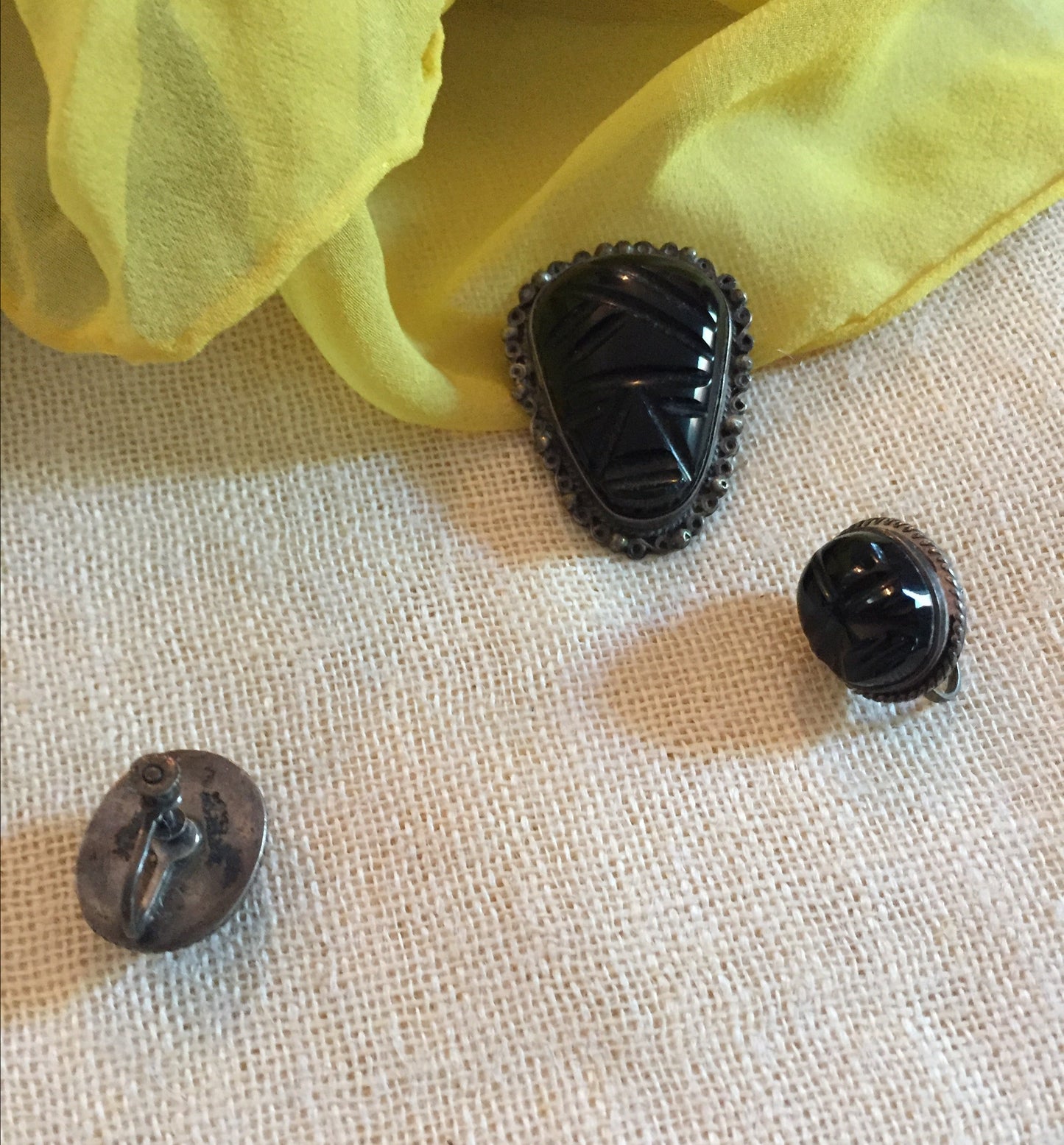 Vintage 50s Carved Onyx Earrings + Pin Brooch Matching Set Taxco Hand Crafted in Mexico Sterling Silver Carved Onyx Set