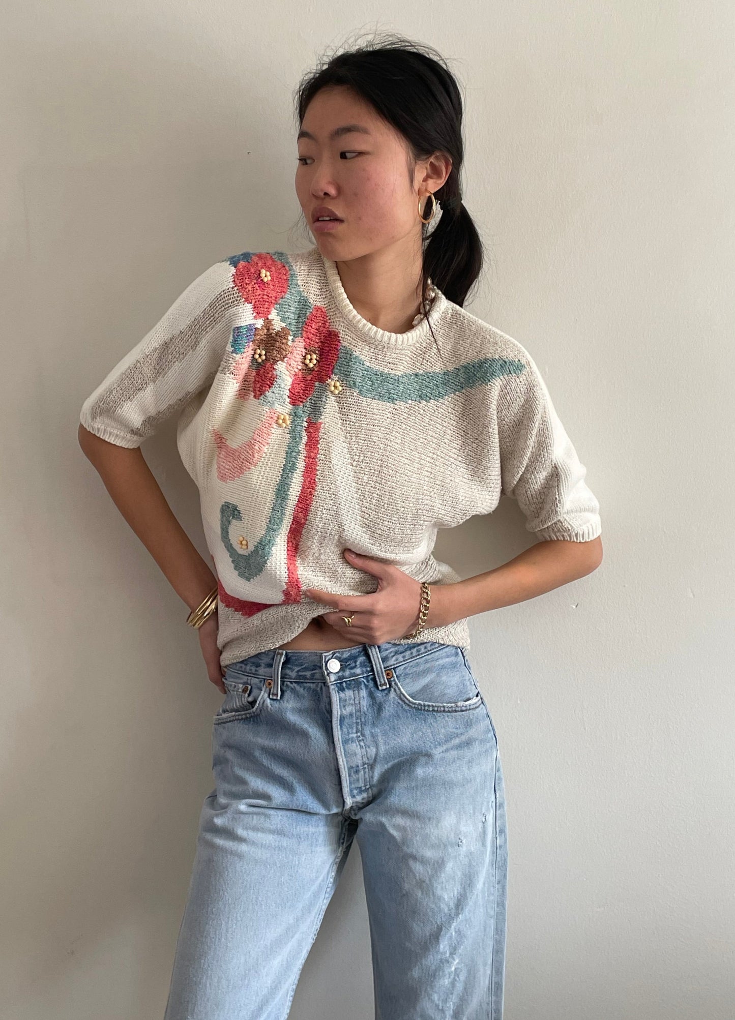 vintage white cotton intarsia floral batwing sweater
