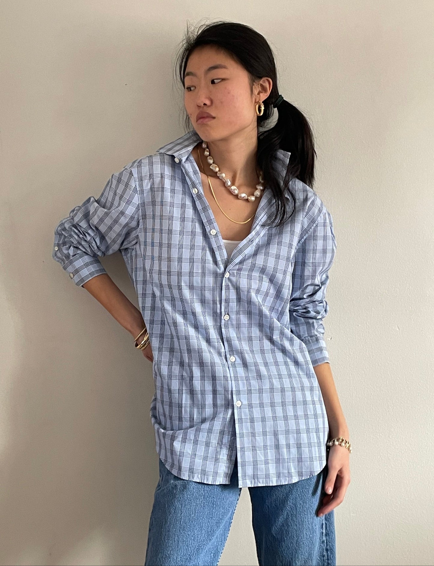Vintage 90s Perry Ellis Boyfriend Shirt | ice blue checked plaid 100 cotton button down shirt blouse | Large