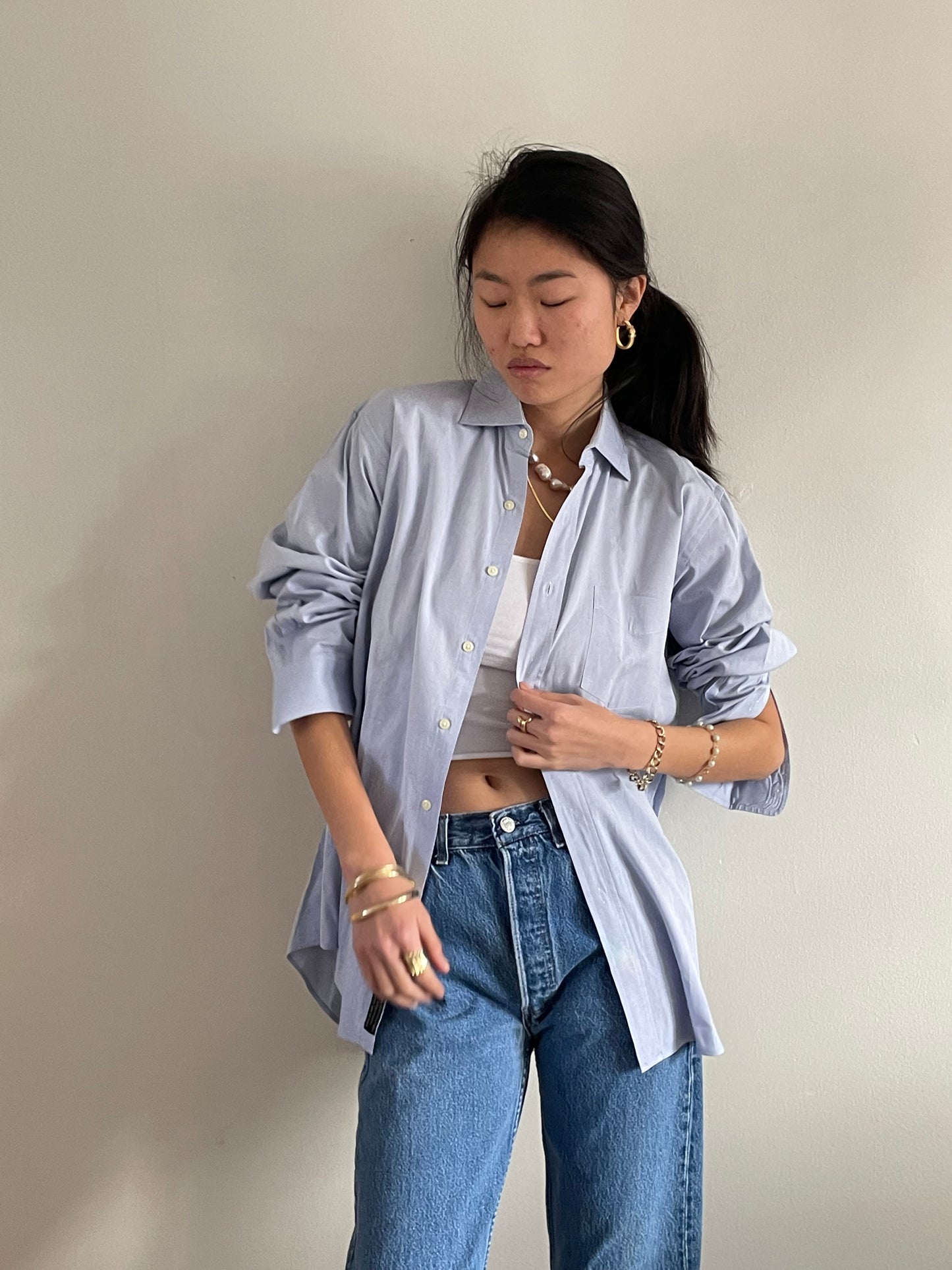 vintage 80s ice blue cotton shirt | oversized baby blue solid button down boyfriend shirt blouse | Medium