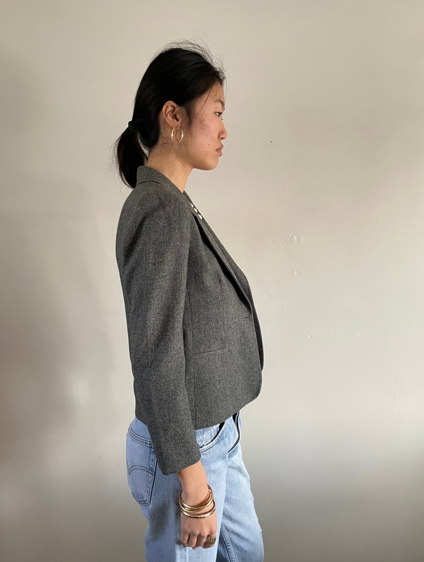 Vintage Cropped Gray Wool Blazer + Matching Skirt Suit Set | Petite Charcoal Single Button Blazer | Small