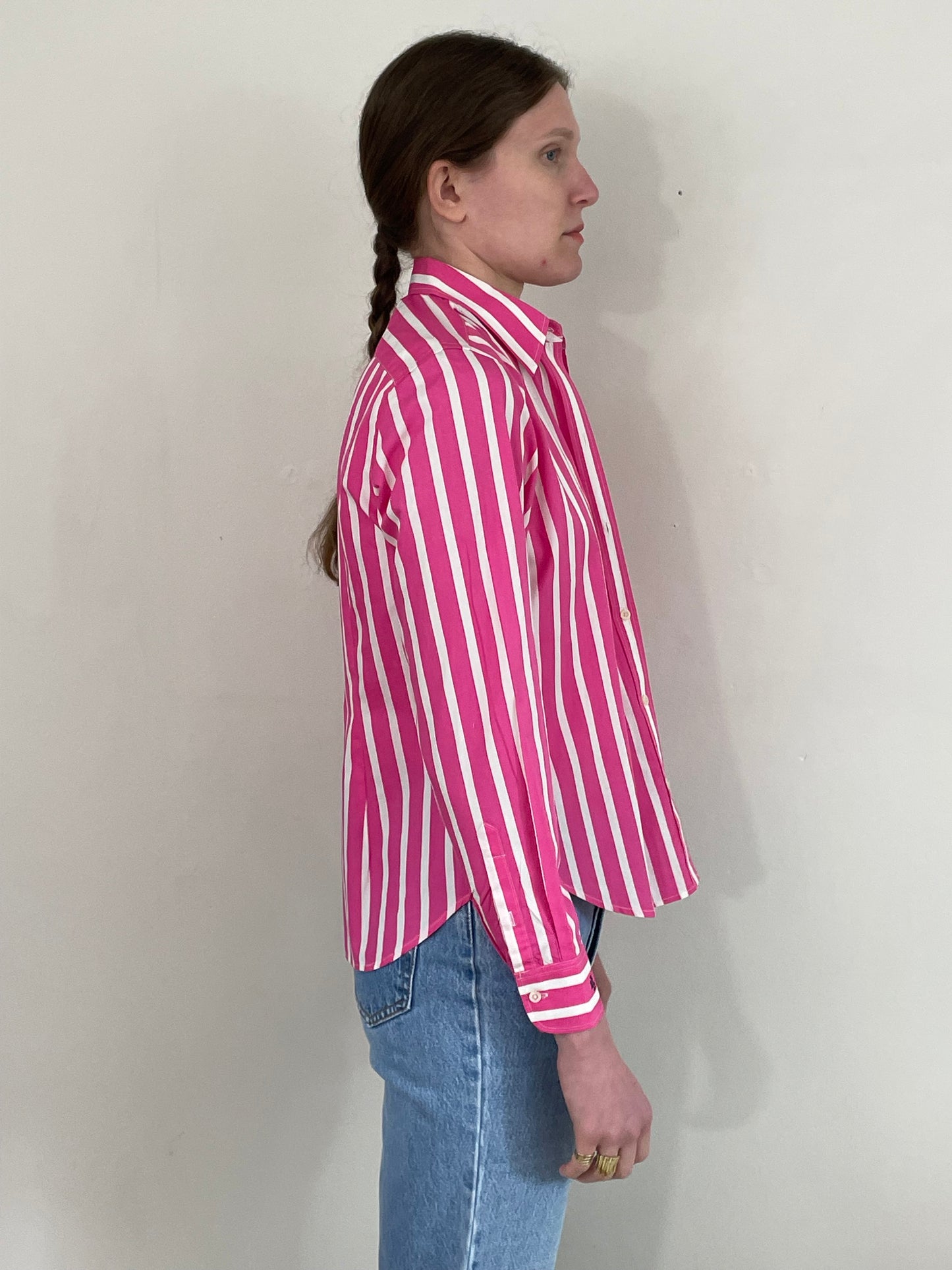 vintage Ralph Lauren hot pink white striped 100% cotton RL petite cropped pinstripe blouse Small