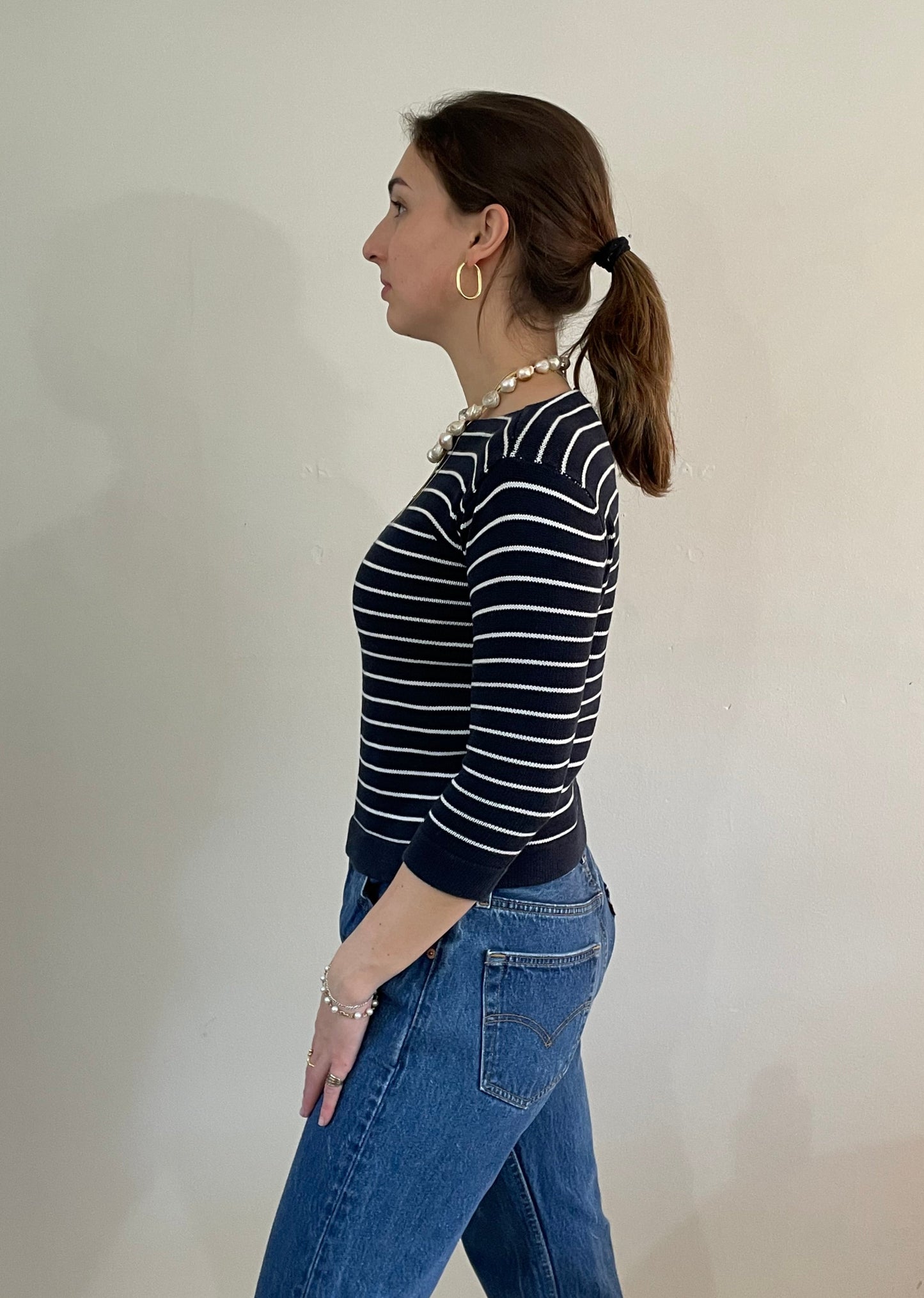 vintage 90s striped cotton sweater | navy blue Breton striped bateau boat neck sweater Medium