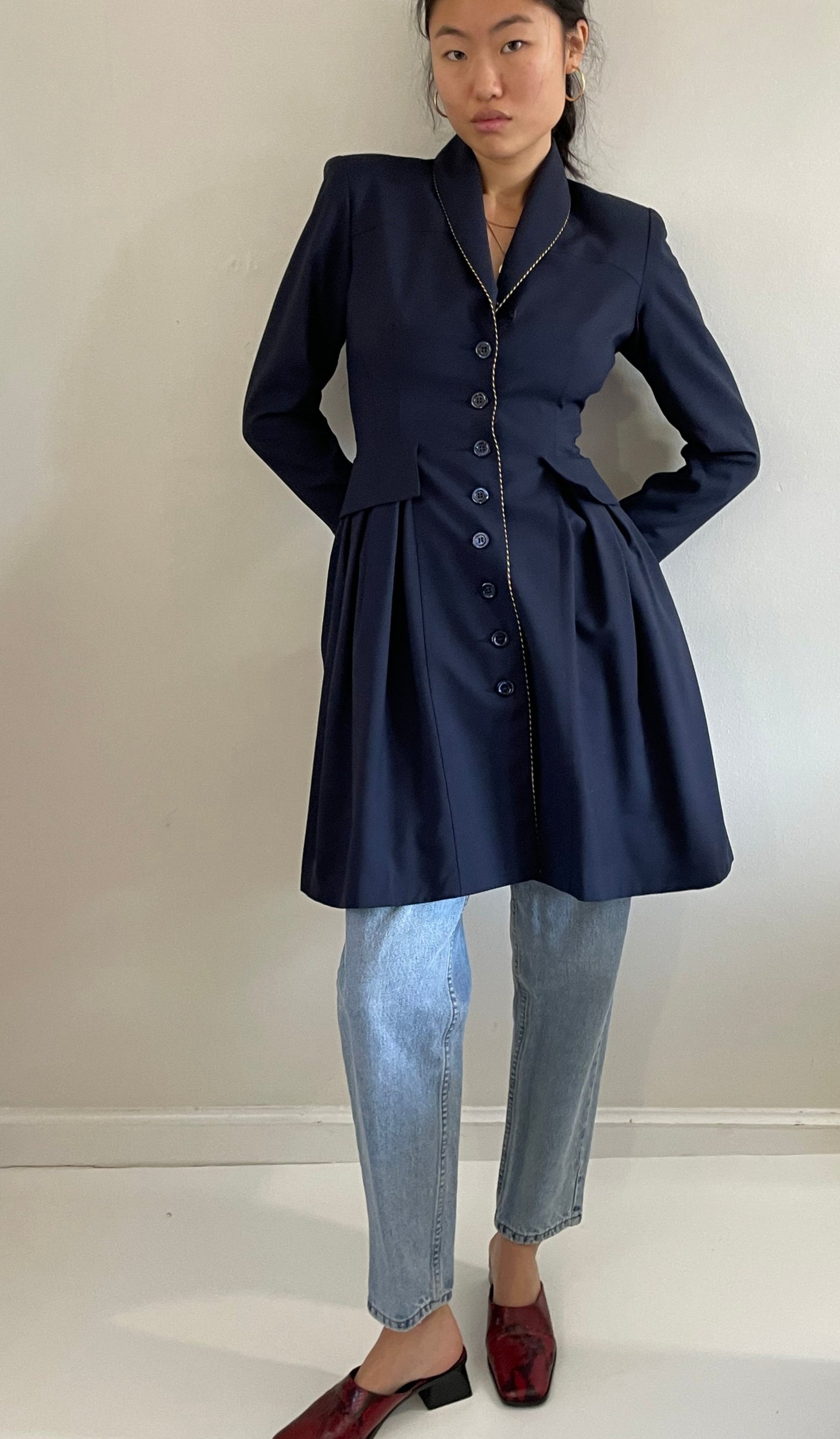 vintage Myrene de Premonville couture midnight blue nipped waist long line all season wool blazer
