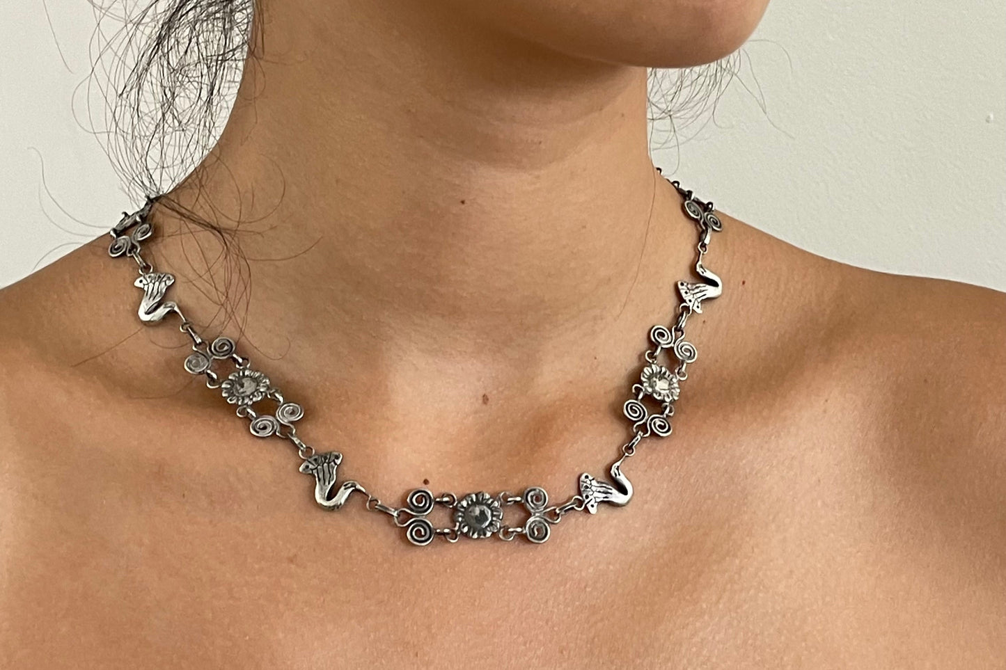 Vintage 90s Taxco Sterling Silver Bird + Flower Link Necklace: Handcrafted Mexico 18 inches