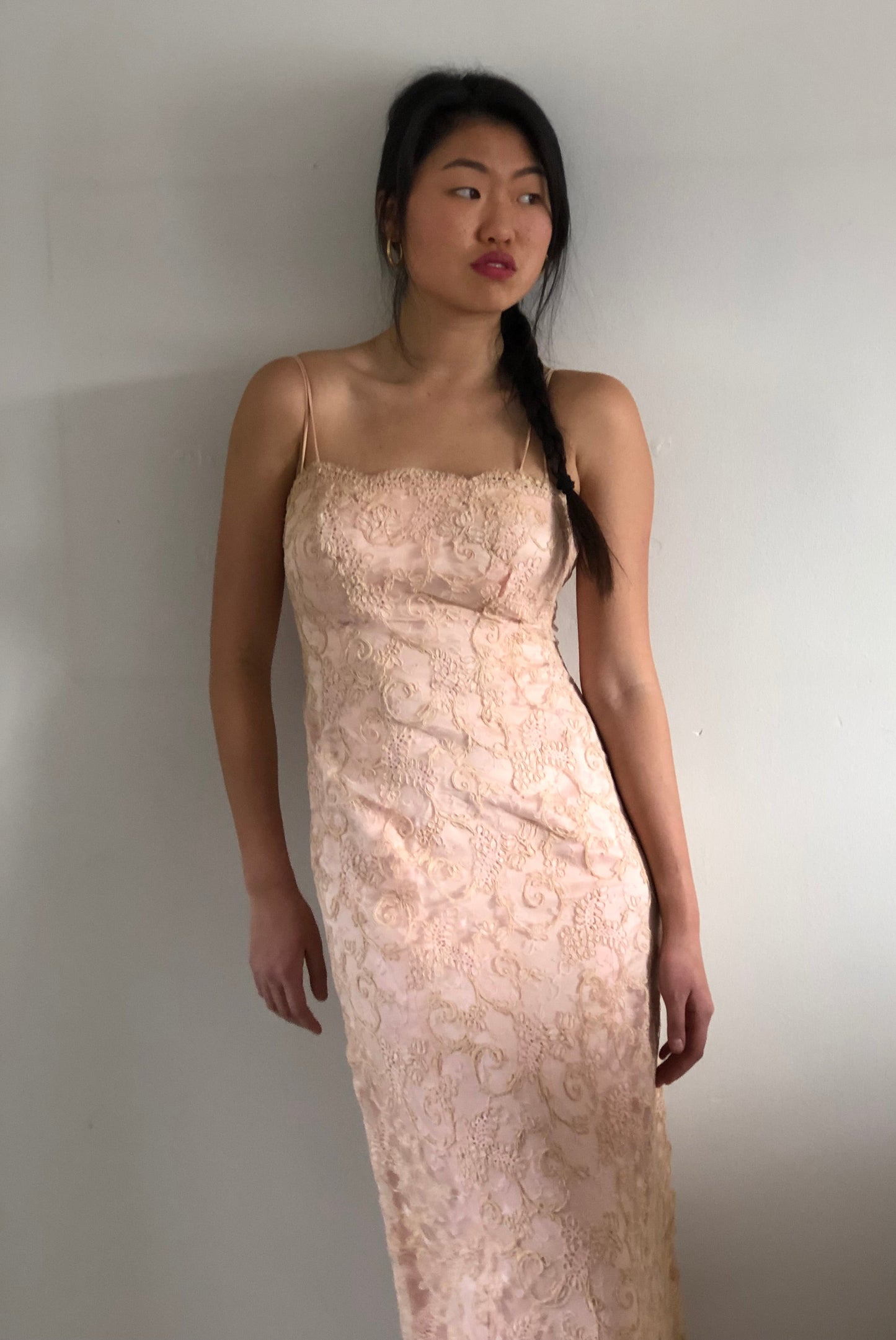 vintage 50s 60s chantilly lace strapless wiggle mermaid light blush pink gown maxi wedding guest dress