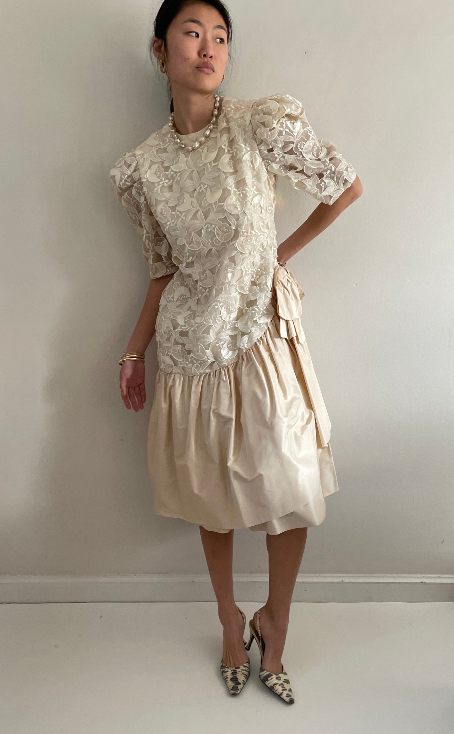 Vintage 80s Lace Dropped Waist Open Lace Silk Taffeta Princess Di Tea Dress | Medium