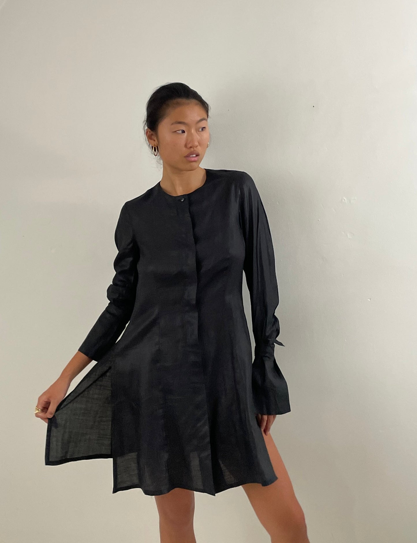 Vintage 100% handkerchief linen avant-garde black shirt dress M