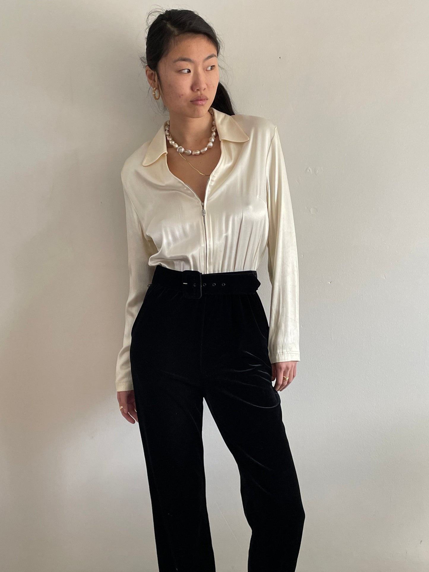 90s Charmeuse + Velvet Tuxedo Wedding Guest Jumpsuit Pant Suit S/M