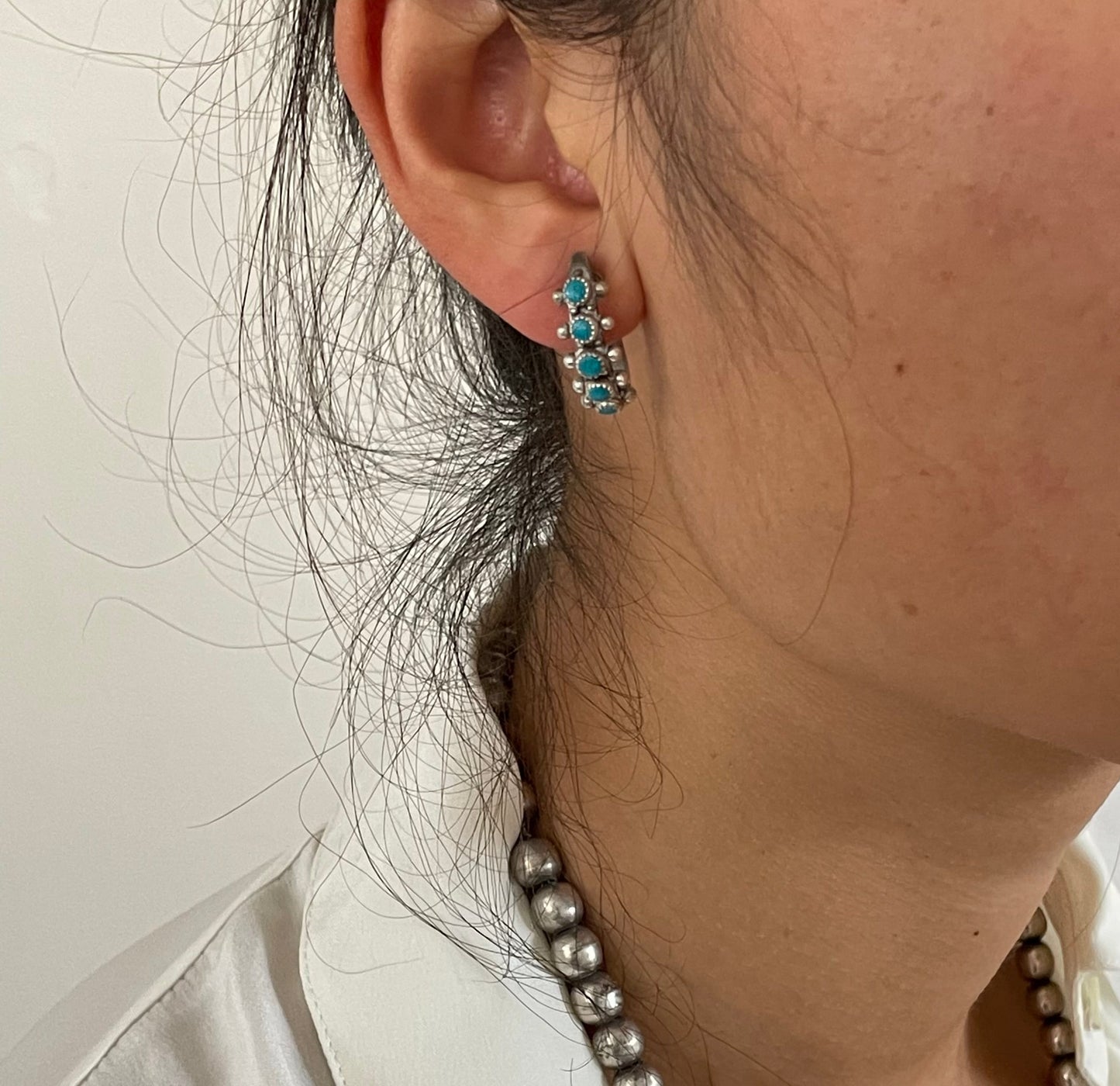 Vintage 50s Navajo Hand Crafted Wrought Turquoise Sterling Silver clip on statement Earrings