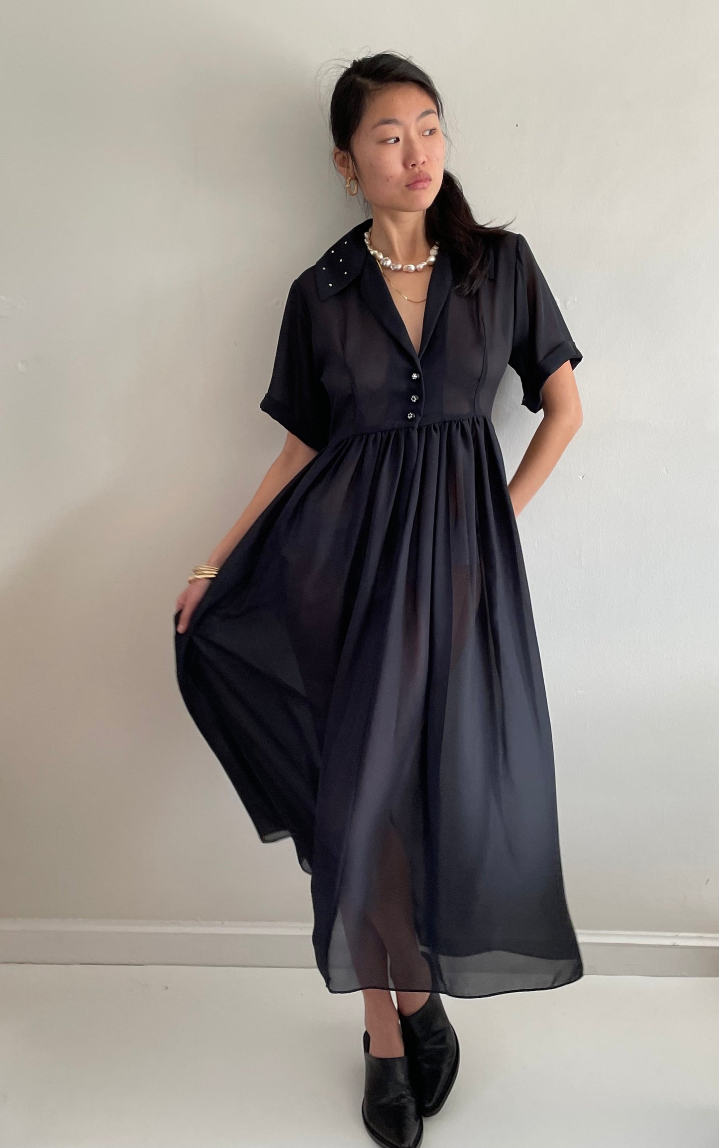 vintage 60s black sheer chiffon cocktail wedding guest midi dress Medium