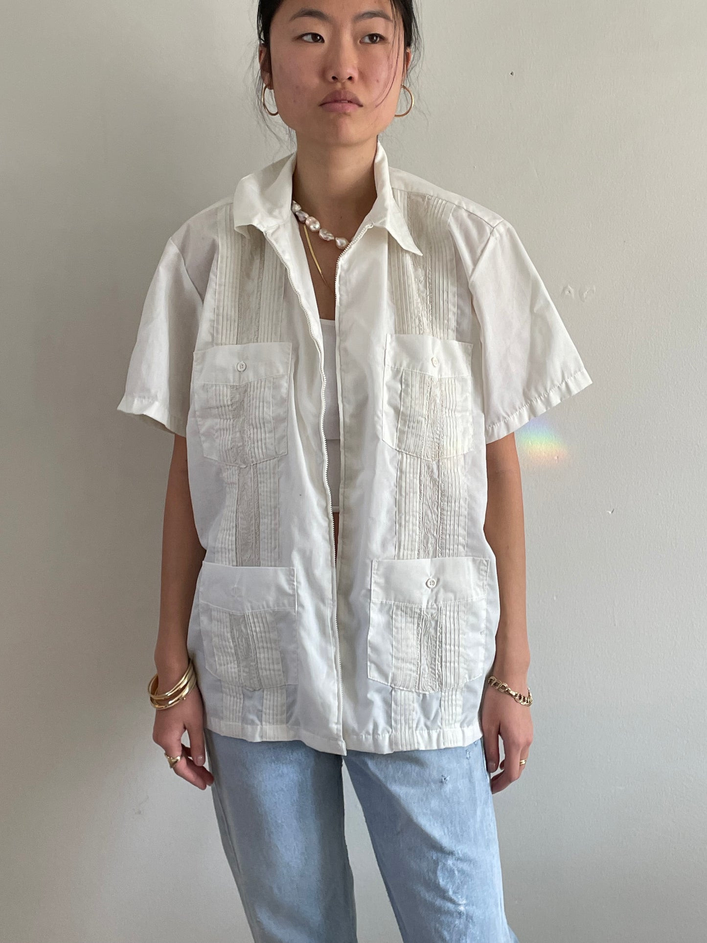 vintage embroidered zip front Haband Guayabera cotton white short sleeve shirt | XL
