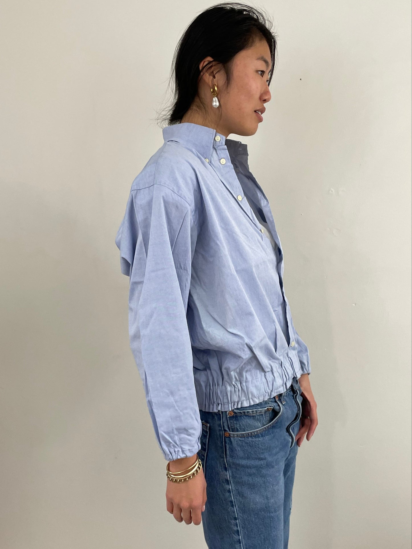 vintage 90s Ice Blue Cropped Blouson Cotton Shirt Blouse