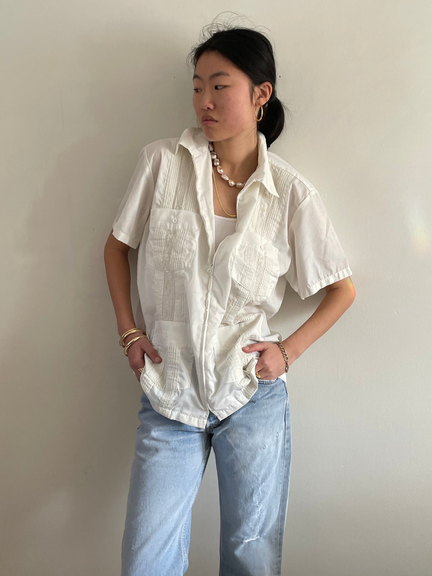 vintage embroidered zip front Haband Guayabera cotton white short sleeve shirt | XL