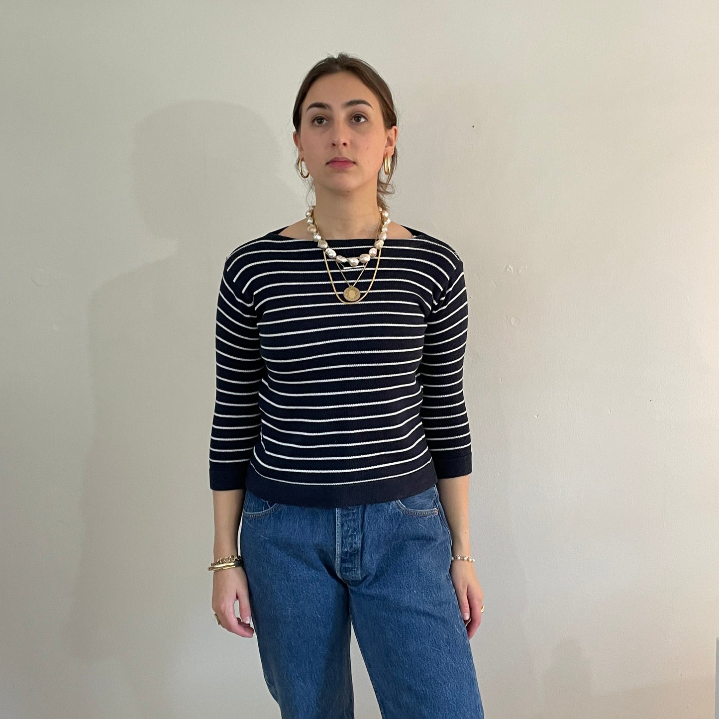 vintage 90s striped cotton sweater | navy blue Breton striped bateau boat neck sweater Medium