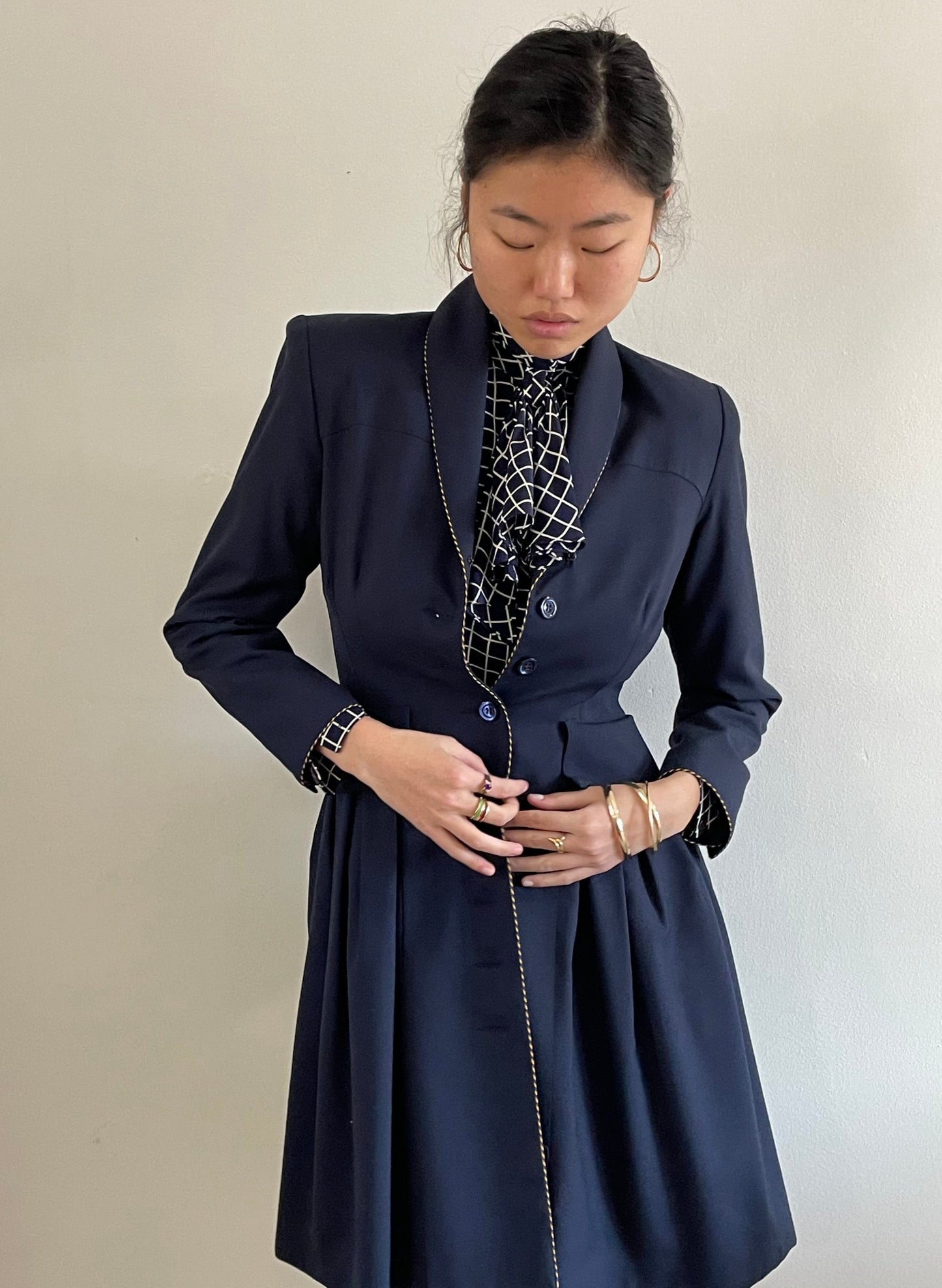 vintage Myrene de Premonville couture midnight blue nipped waist long line all season wool blazer