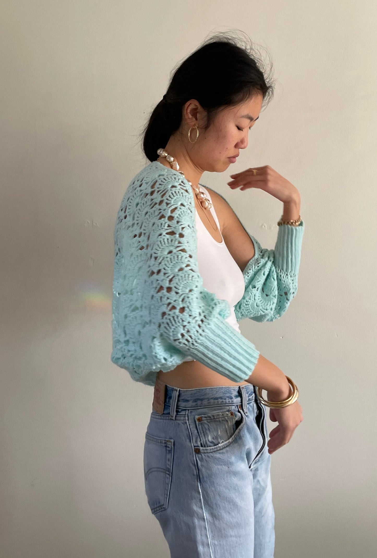 vintage aqua seafoam hand crochet cropped sweater shrug