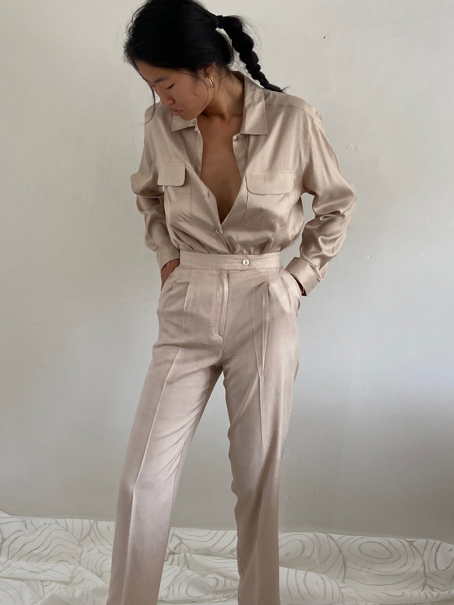 vintage 90s 100% silk pants | beige champagne high waisted pleated silk trouser pants | XS 26 waist