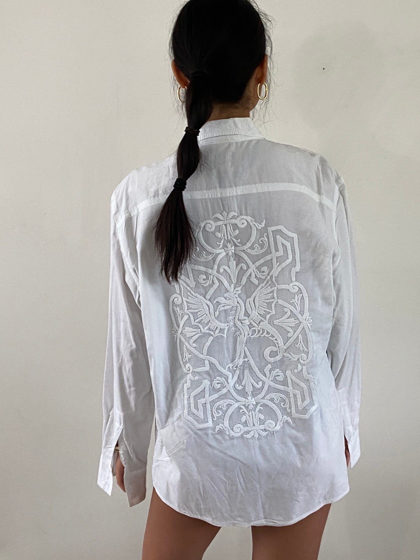 vintage 90s embroidered white on white embroidery cotton batiste button down oversized shirt blouse | XL