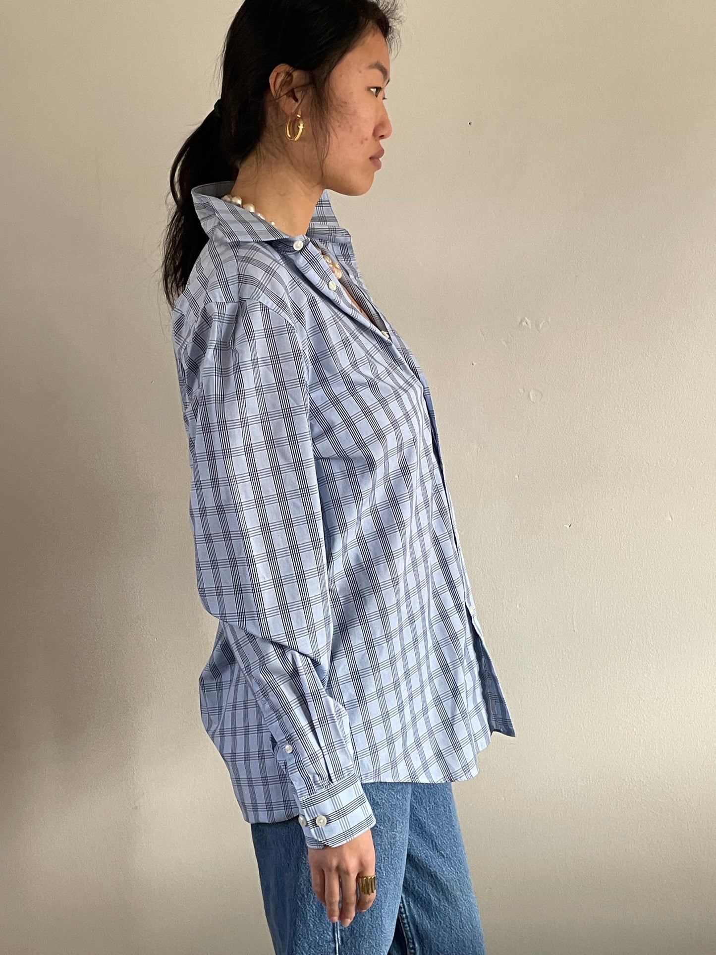 Vintage 90s Perry Ellis Boyfriend Shirt | ice blue checked plaid 100 cotton button down shirt blouse | Large