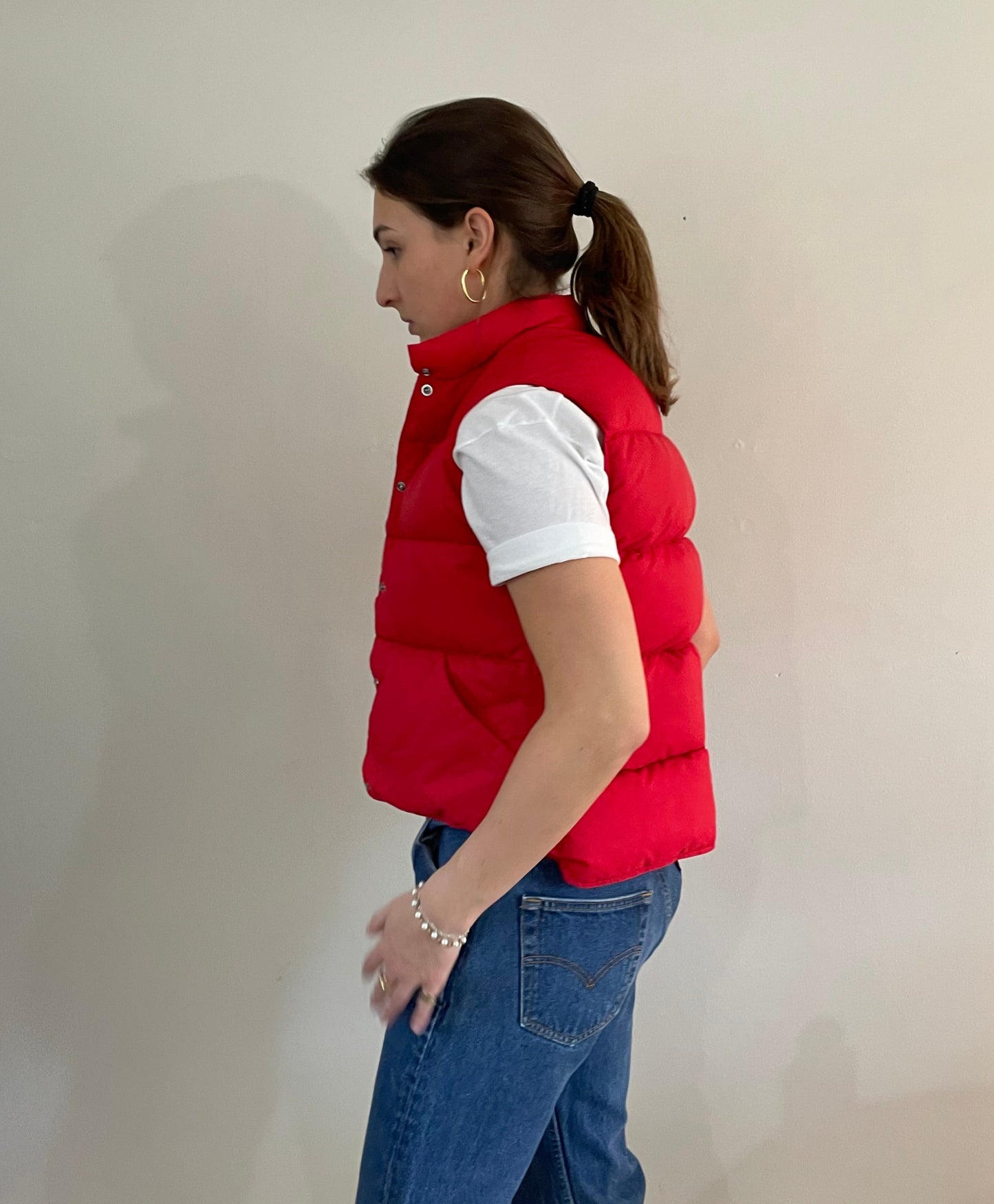 vintage 70s LL Bean goose down cherry red puffy womens vest | Cursive snap front cropped puffer Small