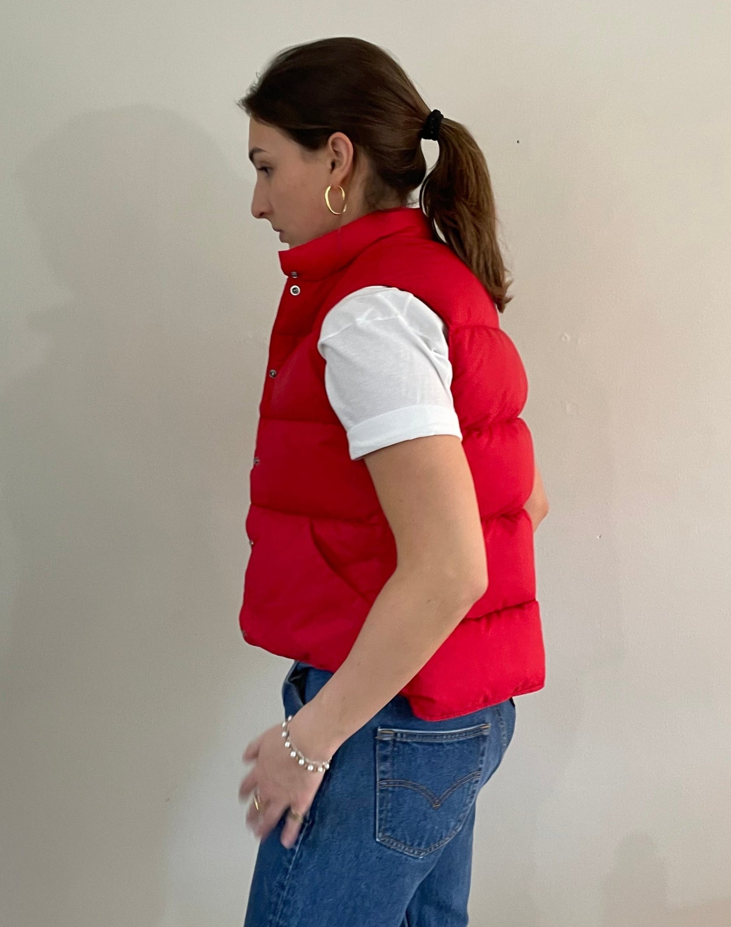 vintage 70s LL Bean goose down cherry red puffy puffer womens cropped vest | XS
