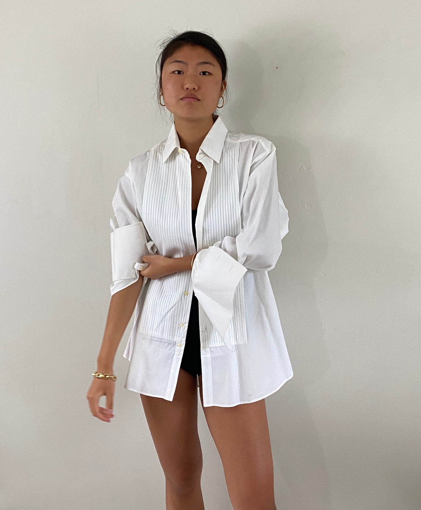 vintage crisp white cotton Italian tuxedo boyfriend shirt / oversized shirt | Large