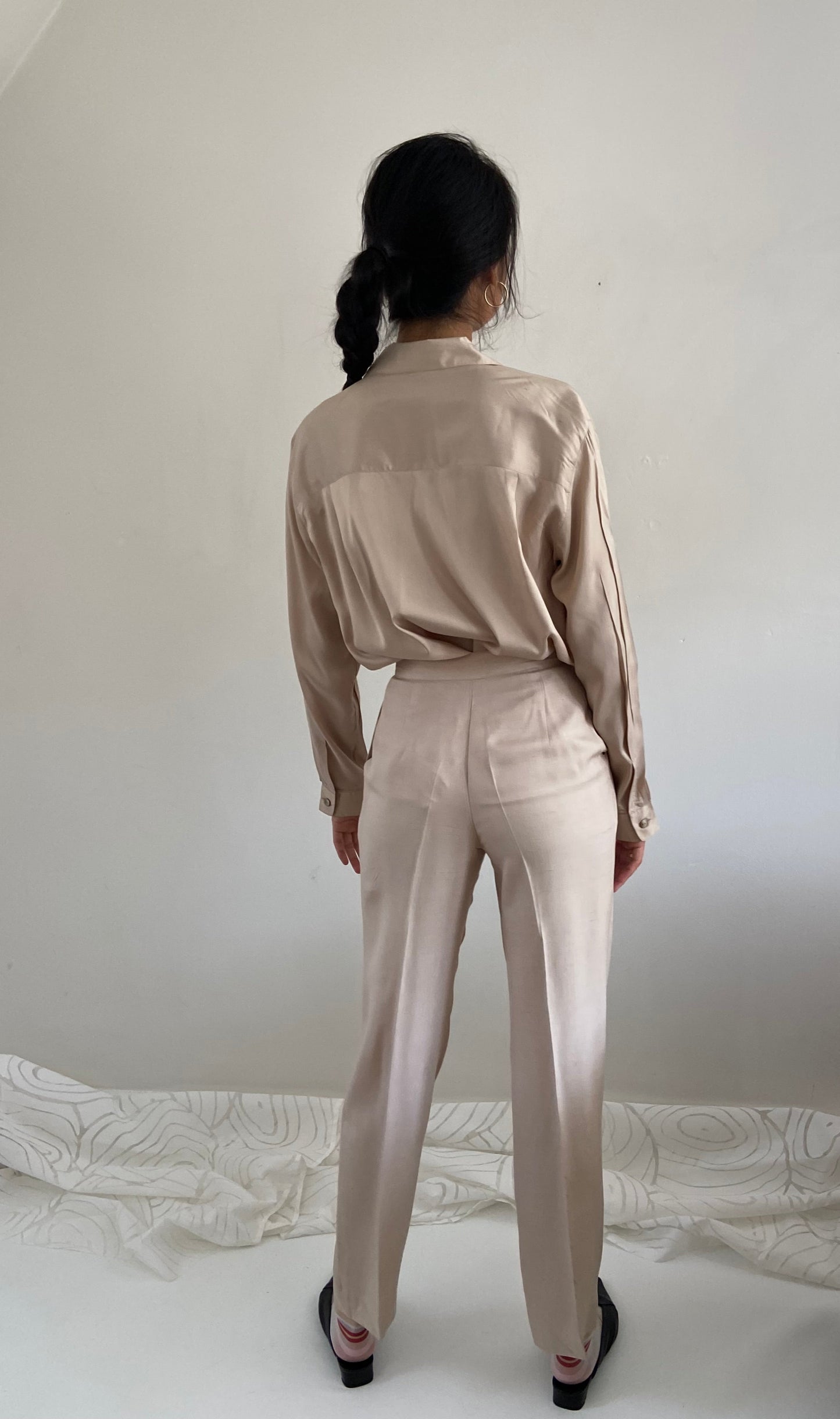 vintage 90s 100% silk pants | beige champagne high waisted pleated silk trouser pants | XS 26 waist