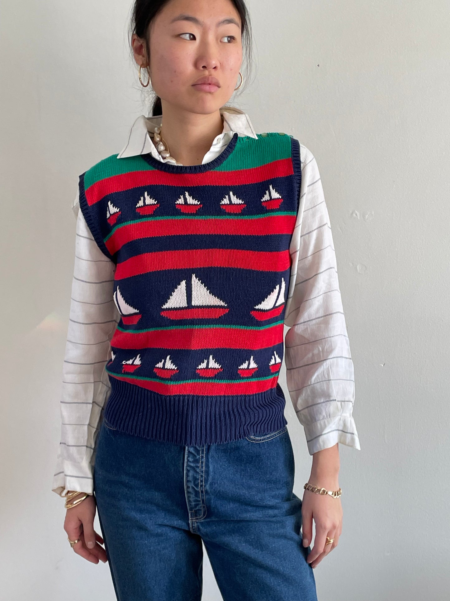 vintage cotton intarsia sailboat sleeveless sweater vest