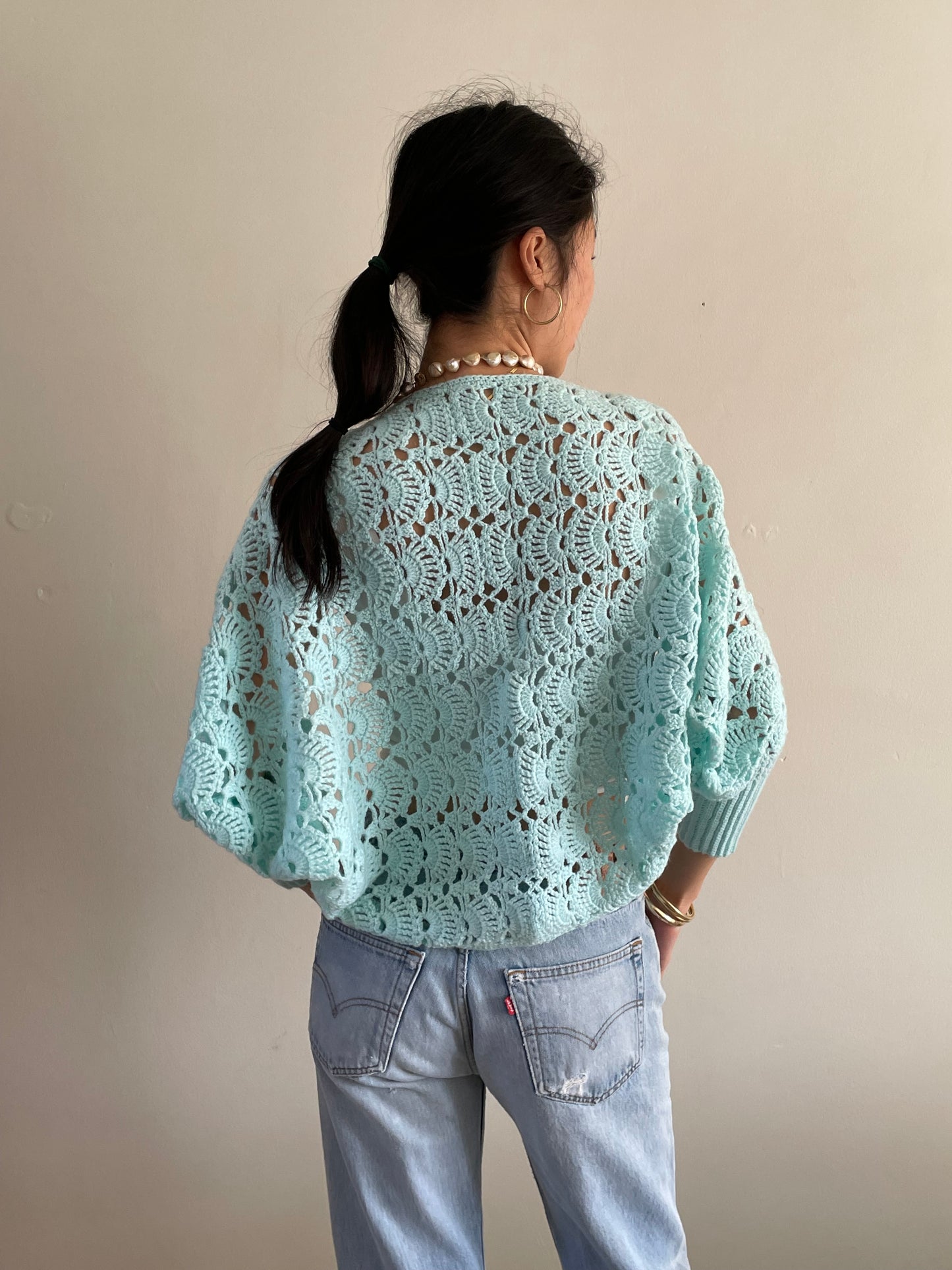 vintage aqua seafoam hand crochet cropped sweater shrug