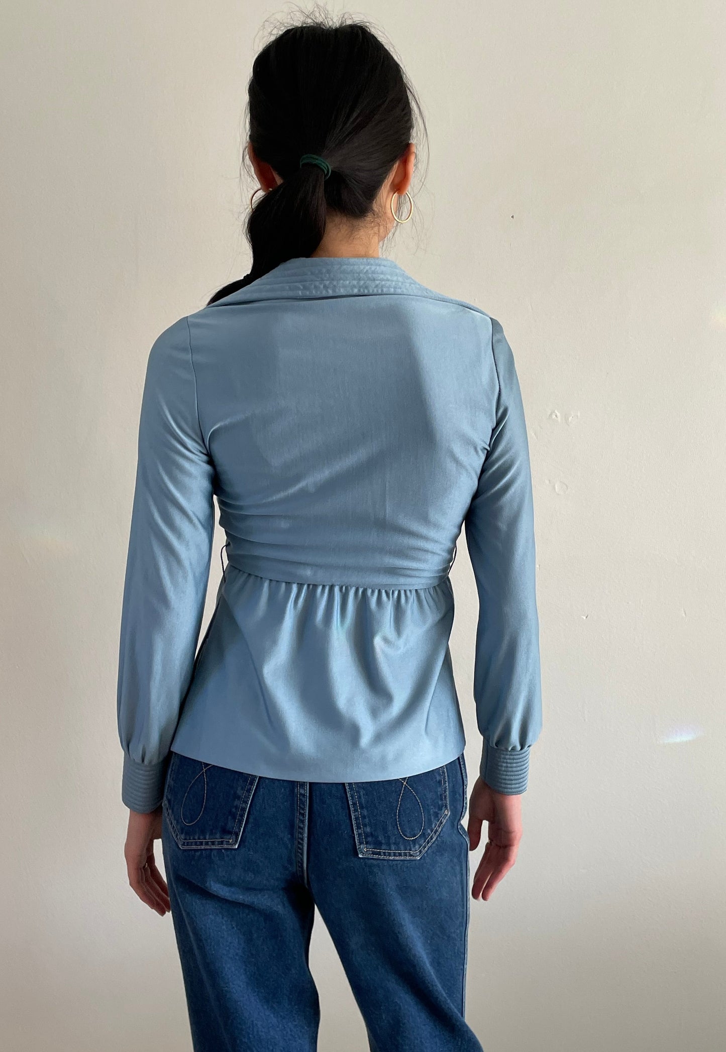 vintage 70s baby blue polyester nipped waist blouse