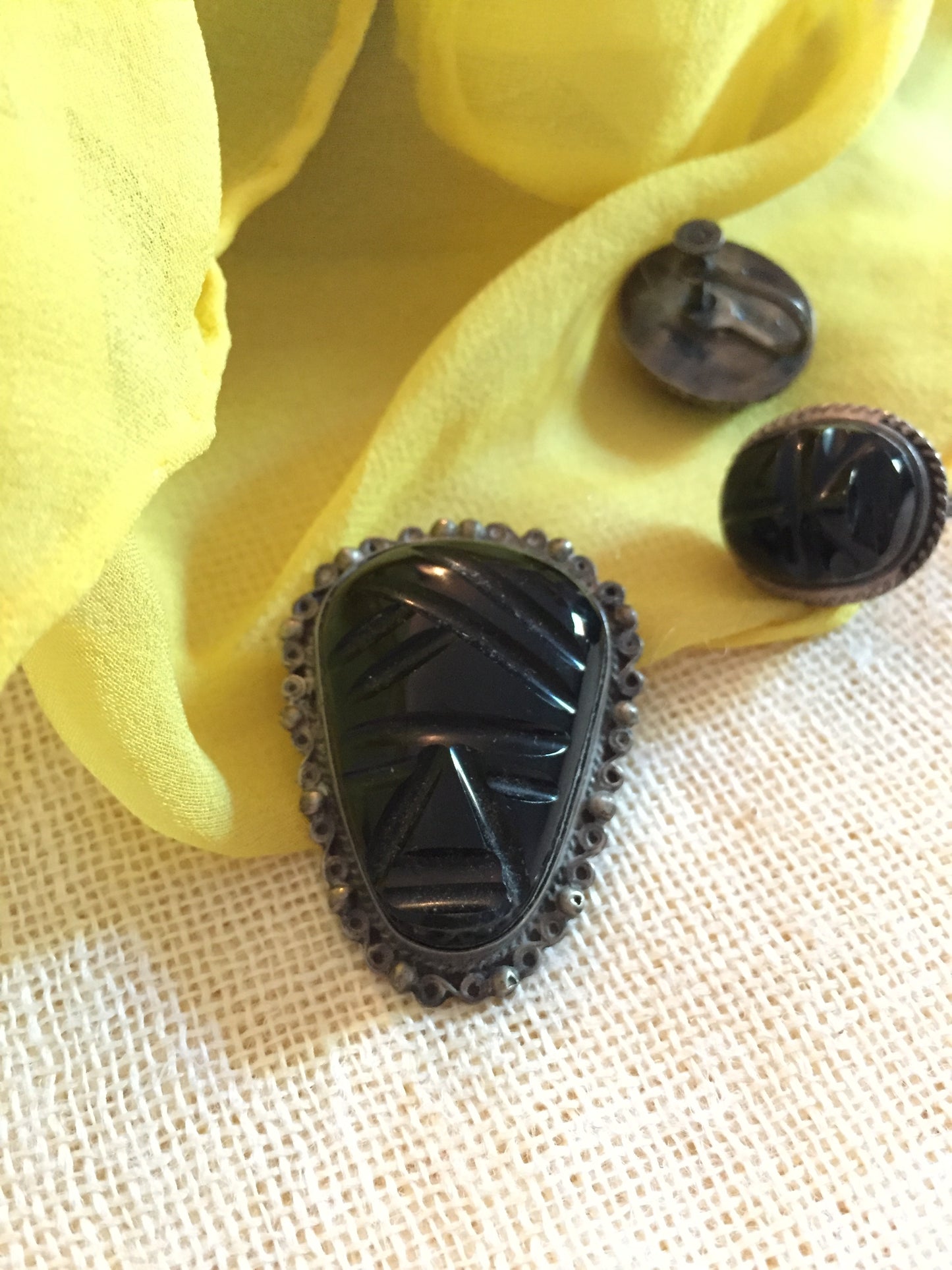 Vintage 50s Carved Onyx Earrings + Pin Brooch Matching Set Taxco Hand Crafted in Mexico Sterling Silver Carved Onyx Set