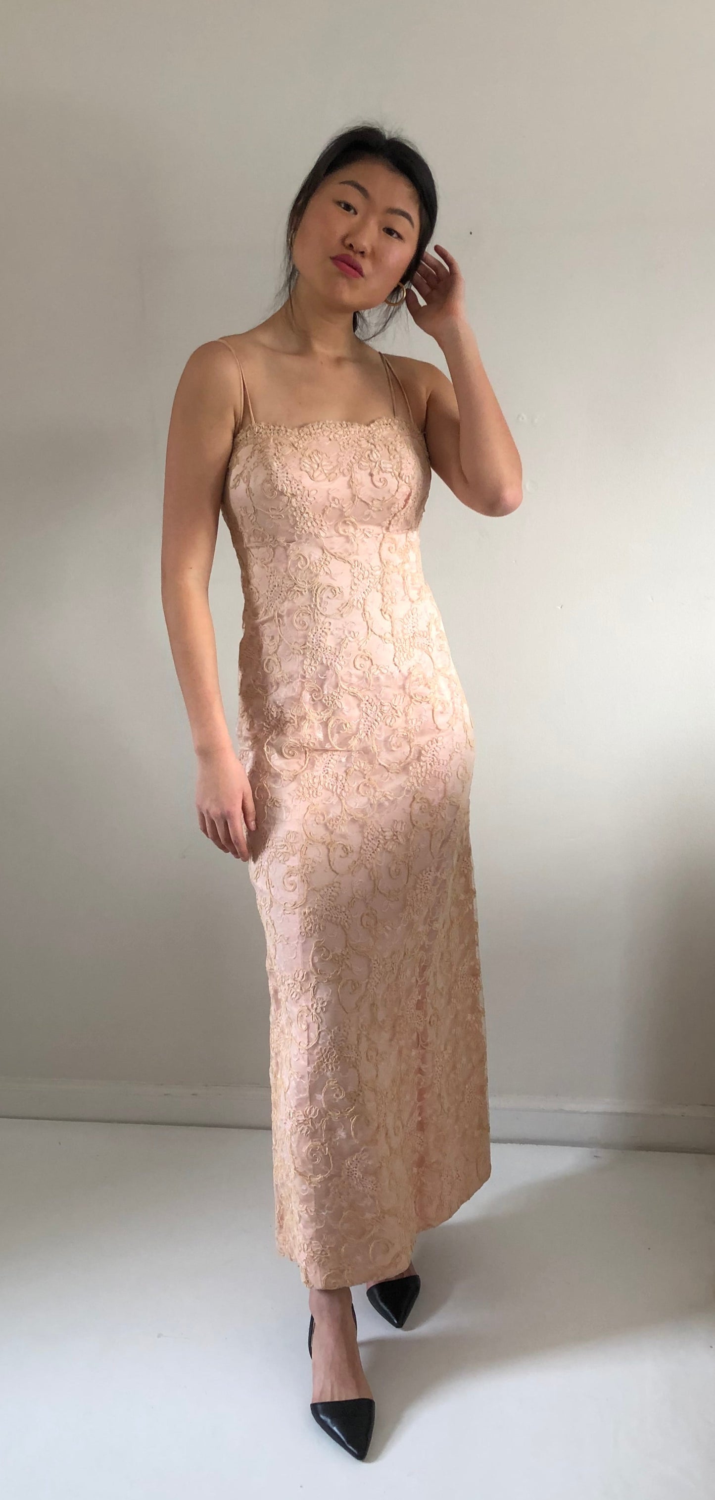 vintage 50s 60s chantilly lace strapless wiggle mermaid light blush pink gown maxi wedding guest dress