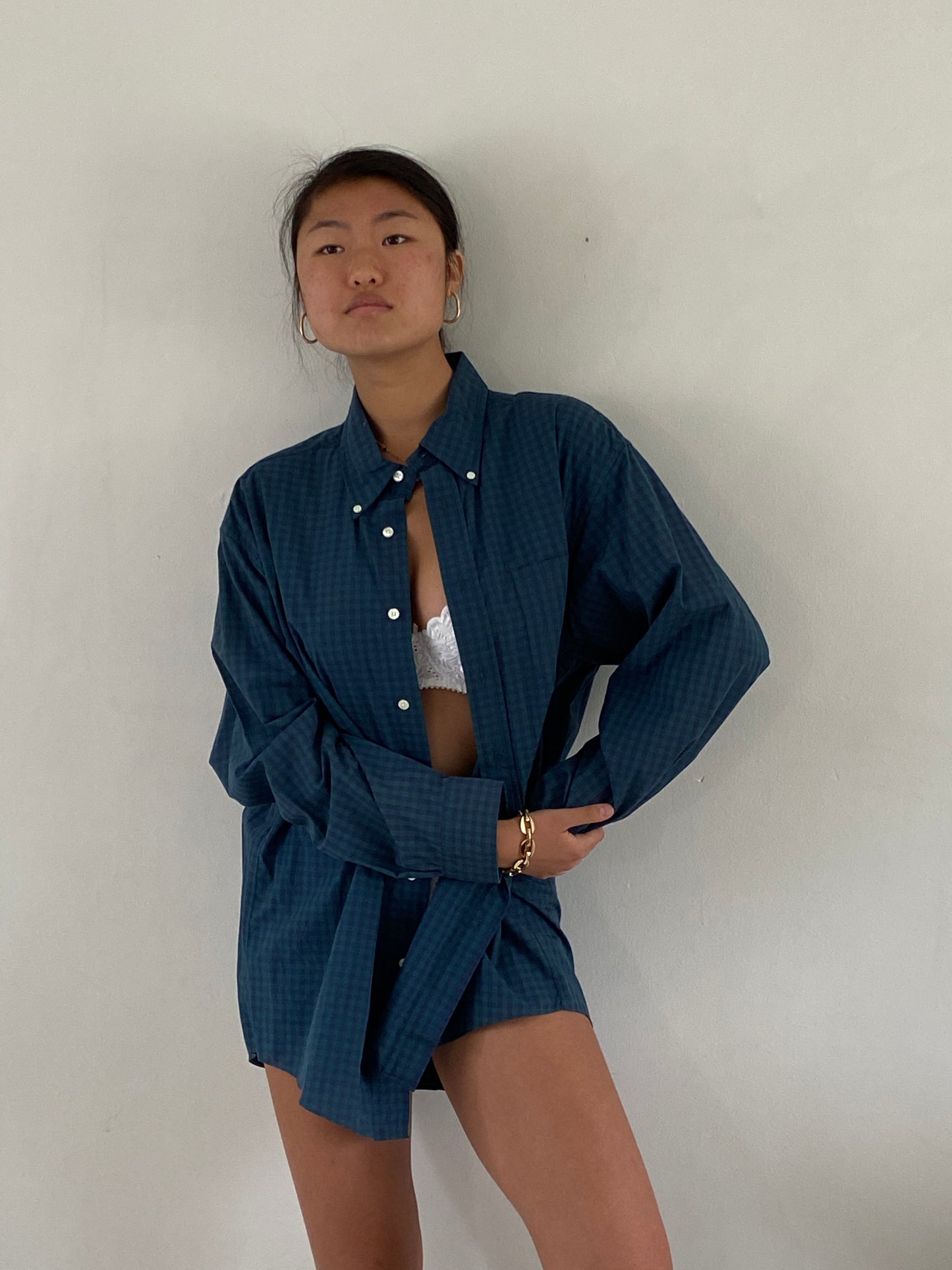 vintage 90s Brooks Brothers Navy Blue + Forest Green Gingham Oversized Button Down Boyfriend Shirt XL