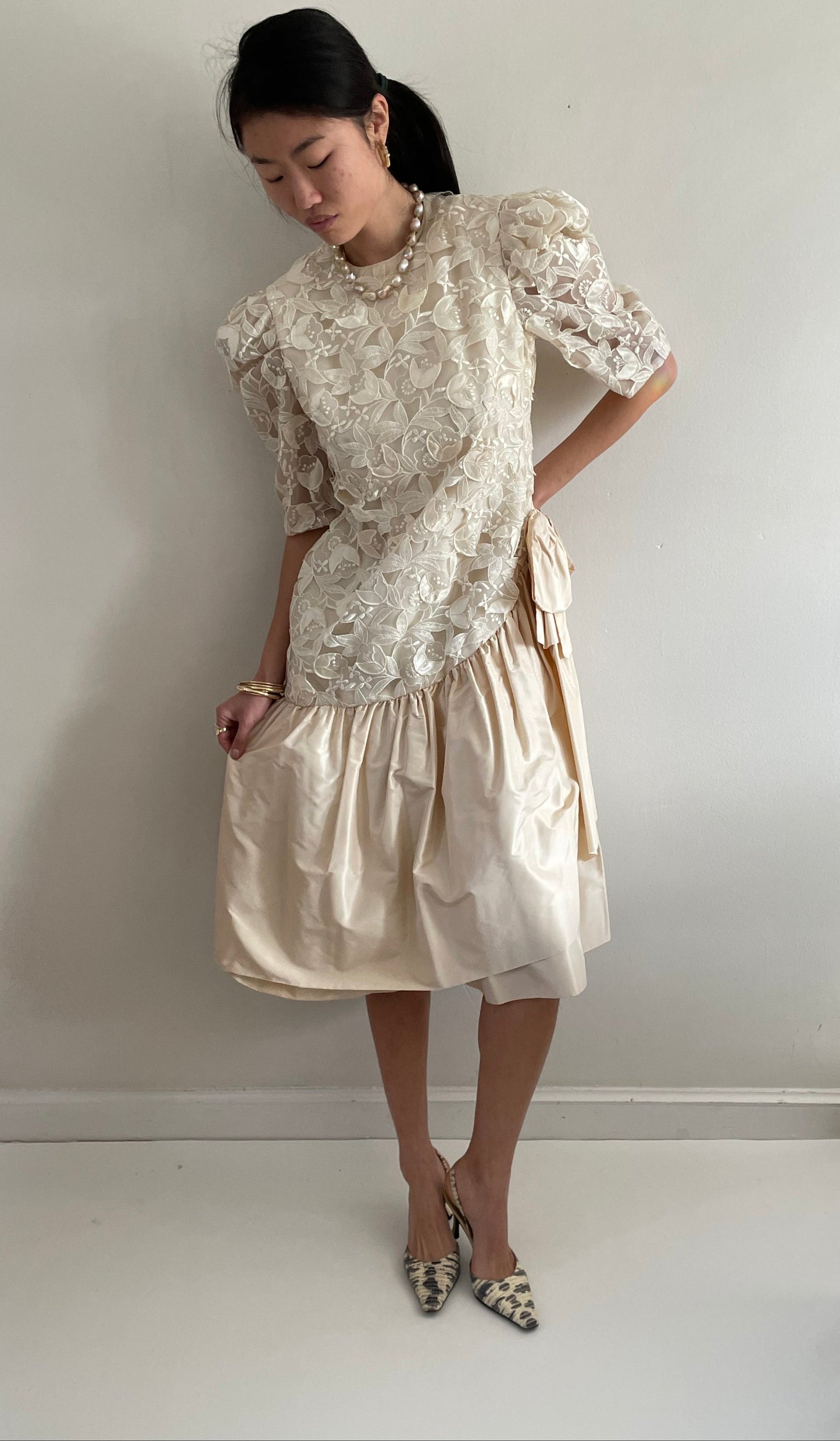 Vintage 80s Lace Dropped Waist Open Lace Silk Taffeta Princess Di Tea Dress | Medium