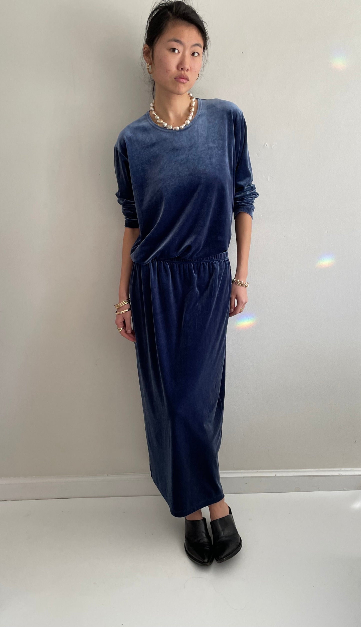 vintage 90s stretch velvet 2 piece indigo blue tunic sweatshirt + skirt matching set XL