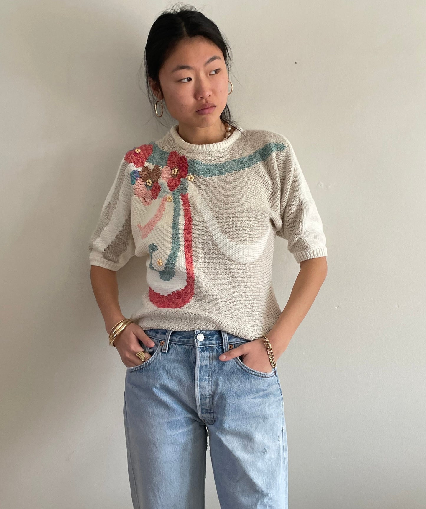 vintage white cotton intarsia floral batwing sweater