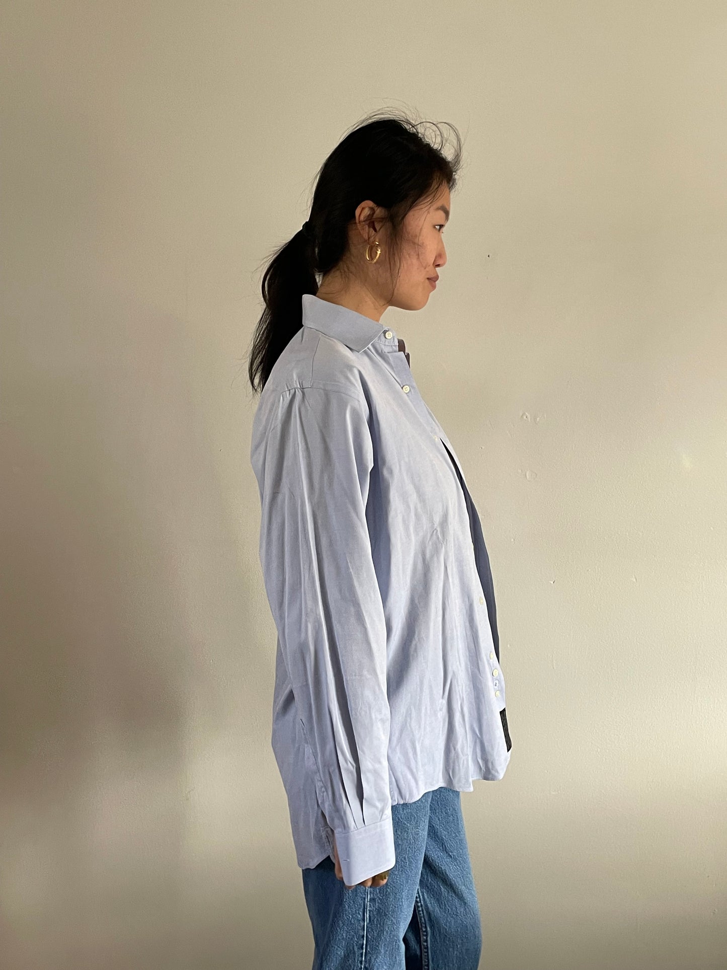 vintage 80s ice blue cotton shirt | oversized baby blue solid button down boyfriend shirt blouse | Medium