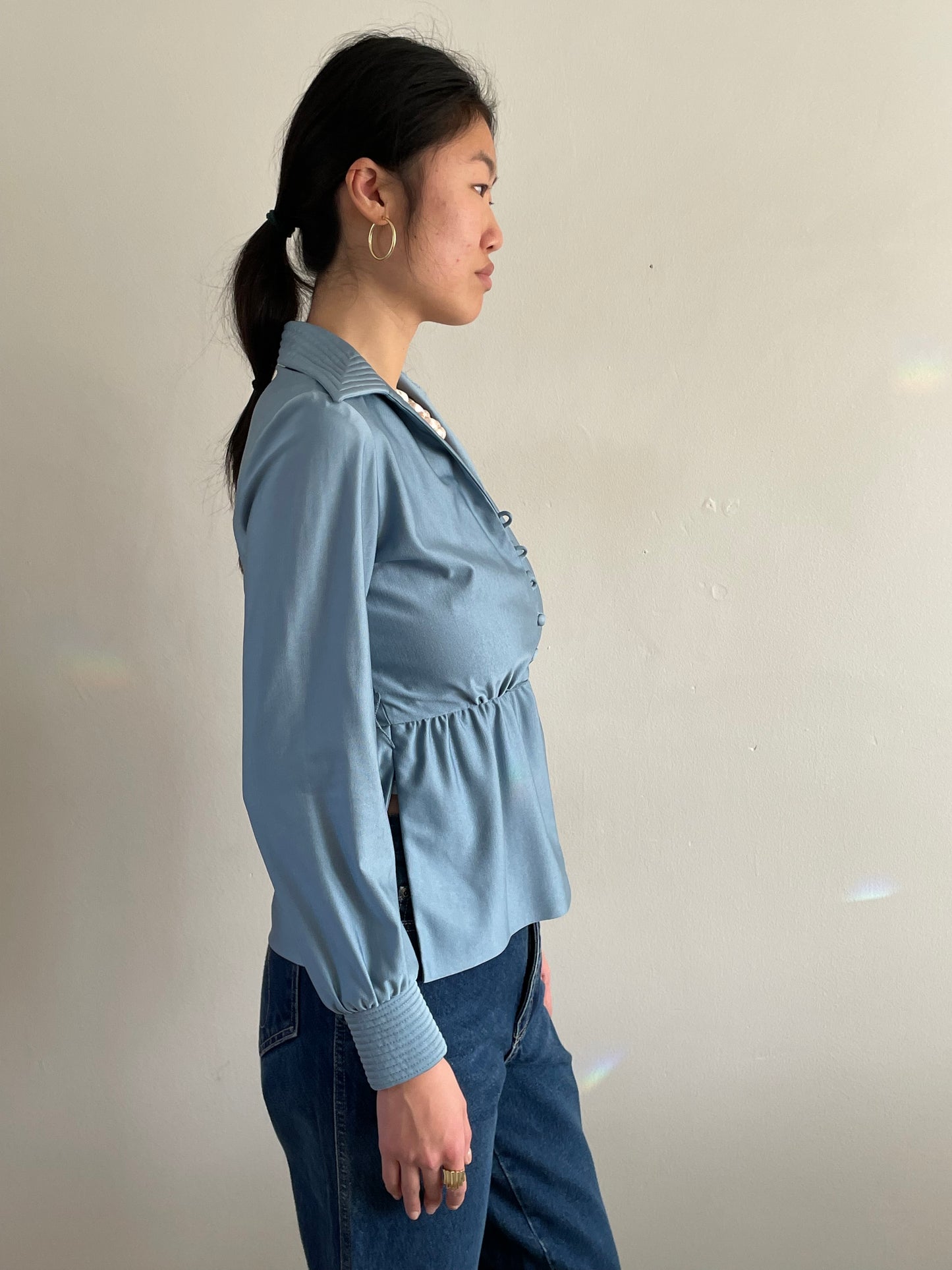 vintage 70s baby blue polyester nipped waist blouse