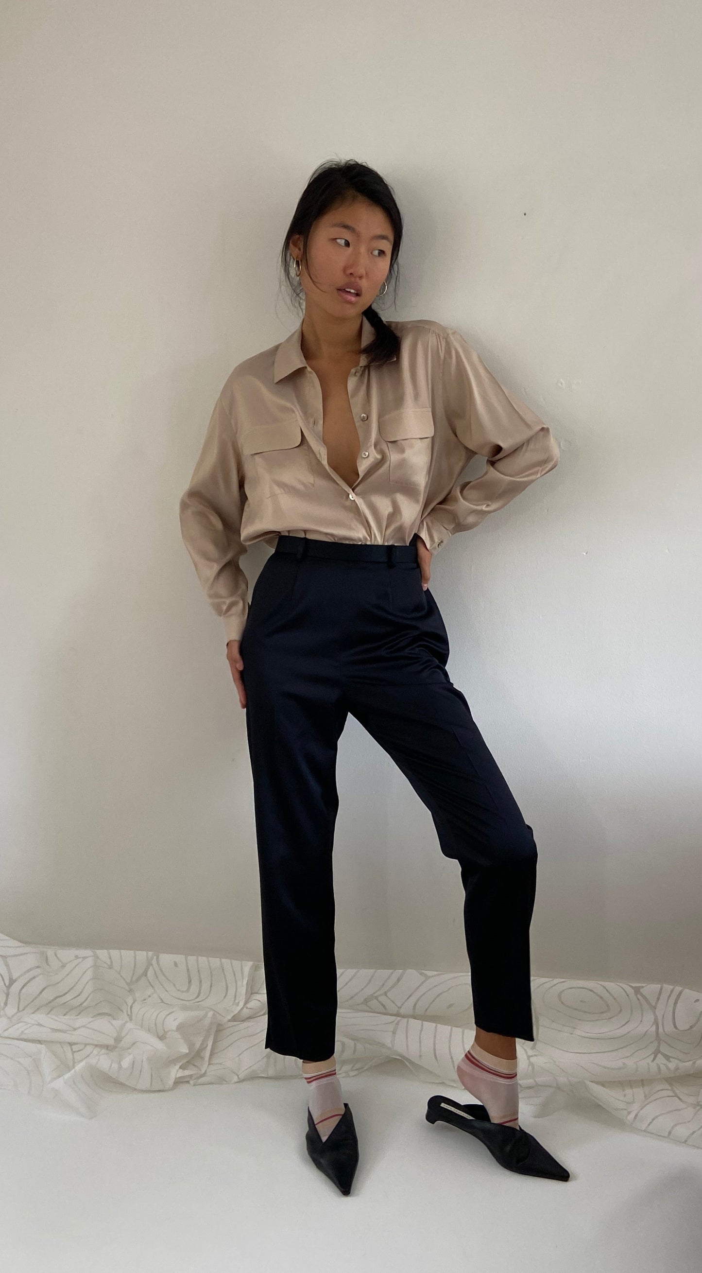 Vintage Black Silk Pants - Duchess Silk High Waisted Flat Front Cigarette Trousers Pants 28 Waist