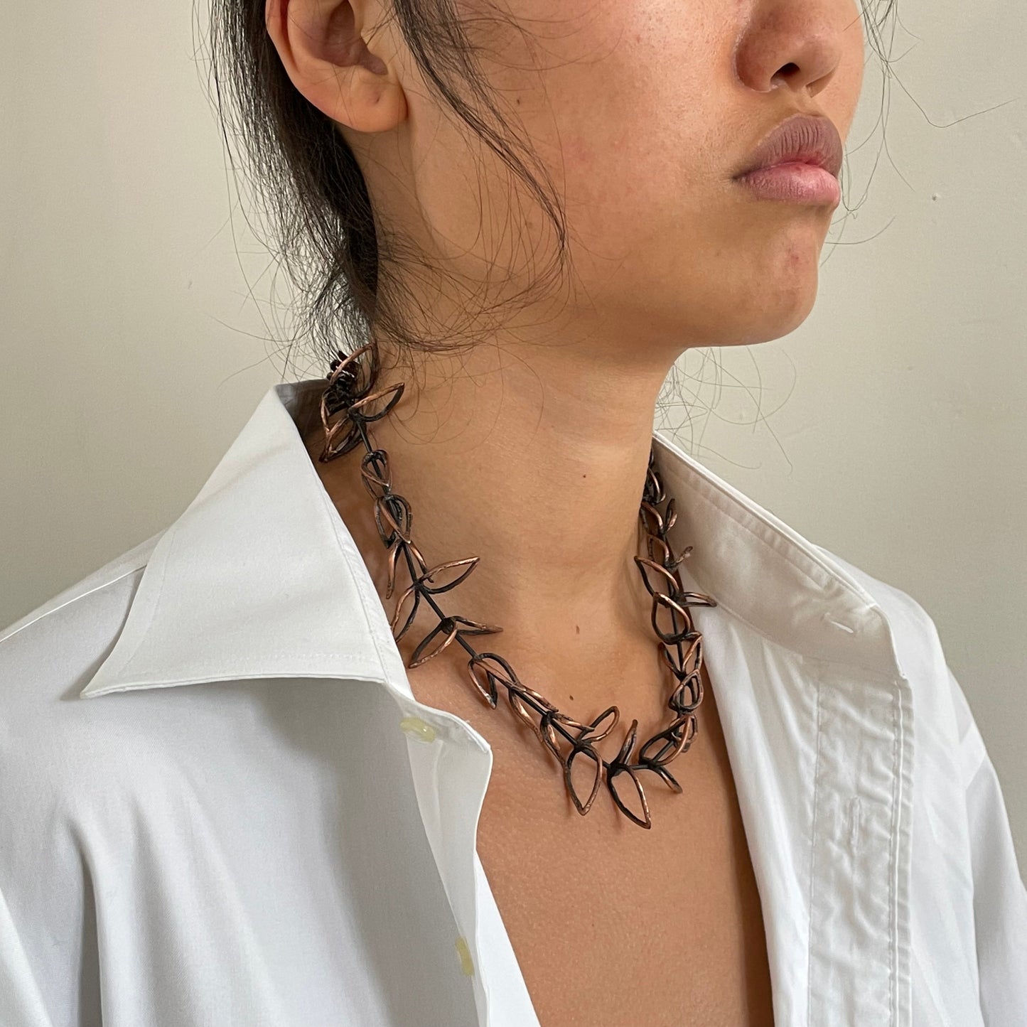 Vintage Handcrafted Copper Leaf Twig Branch Brutalist Necklace Jewelry
