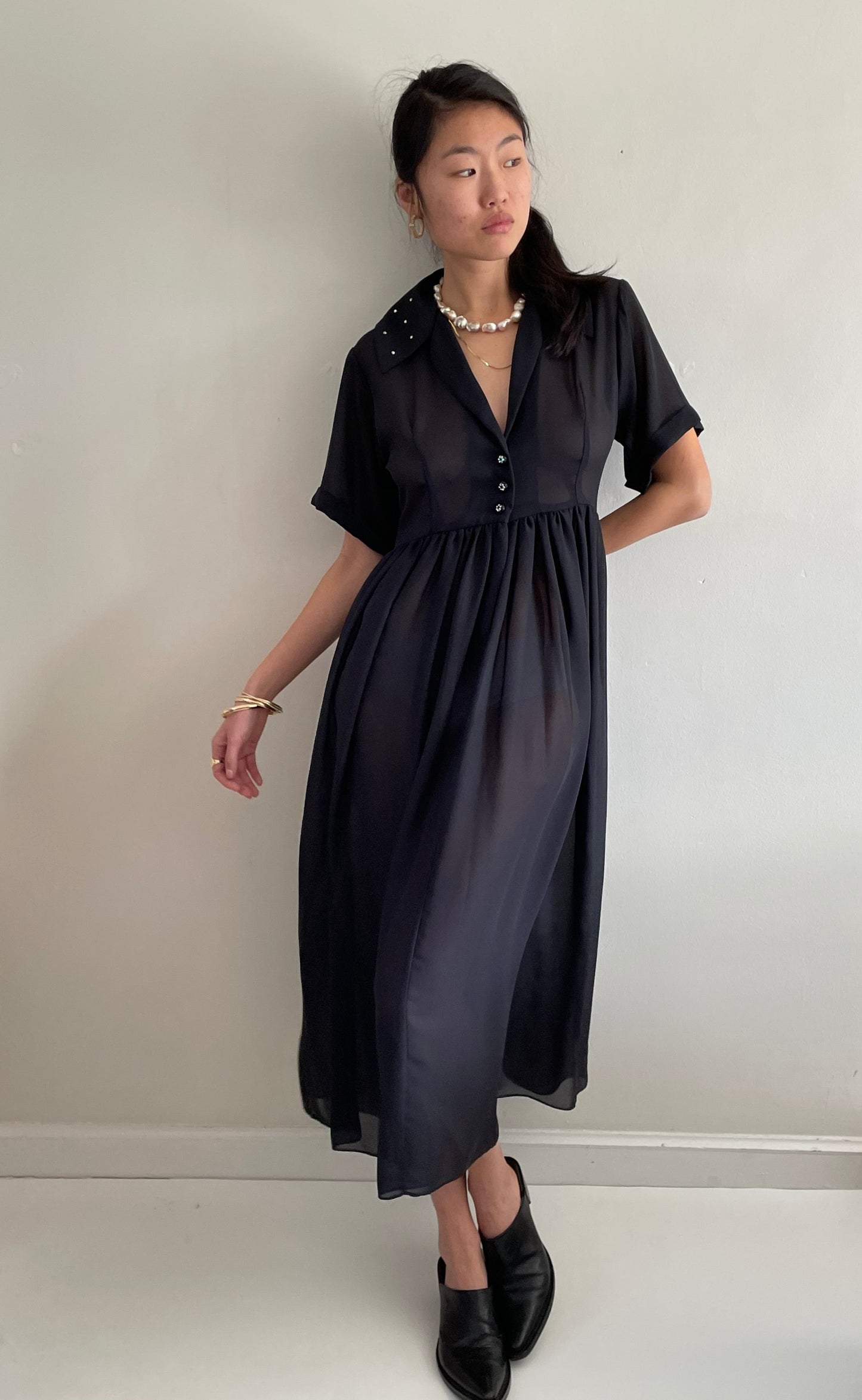 vintage 60s black sheer chiffon cocktail wedding guest midi dress Medium