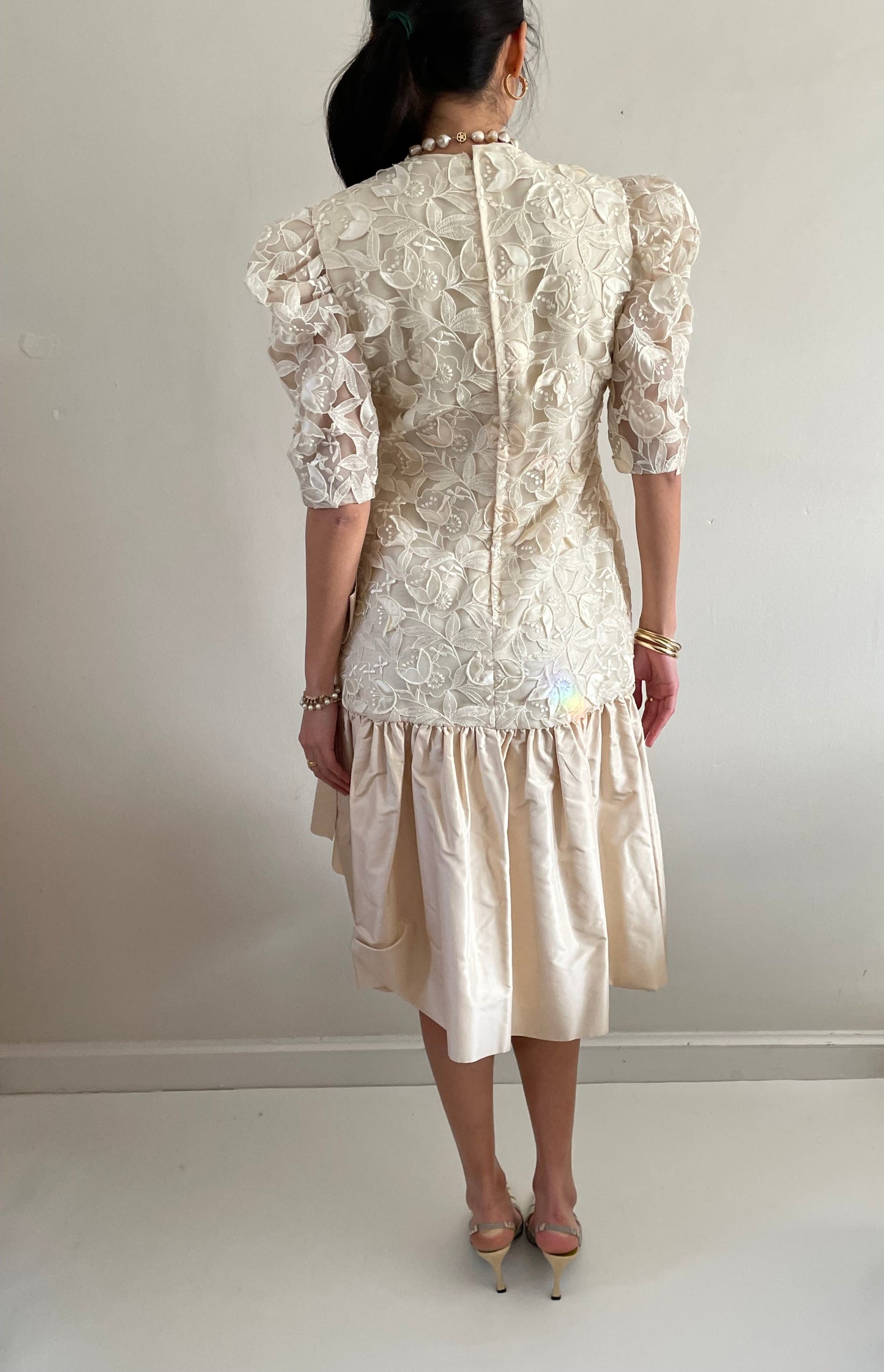 Vintage 80s Lace Dropped Waist Open Lace Silk Taffeta Princess Di Tea Dress | Medium