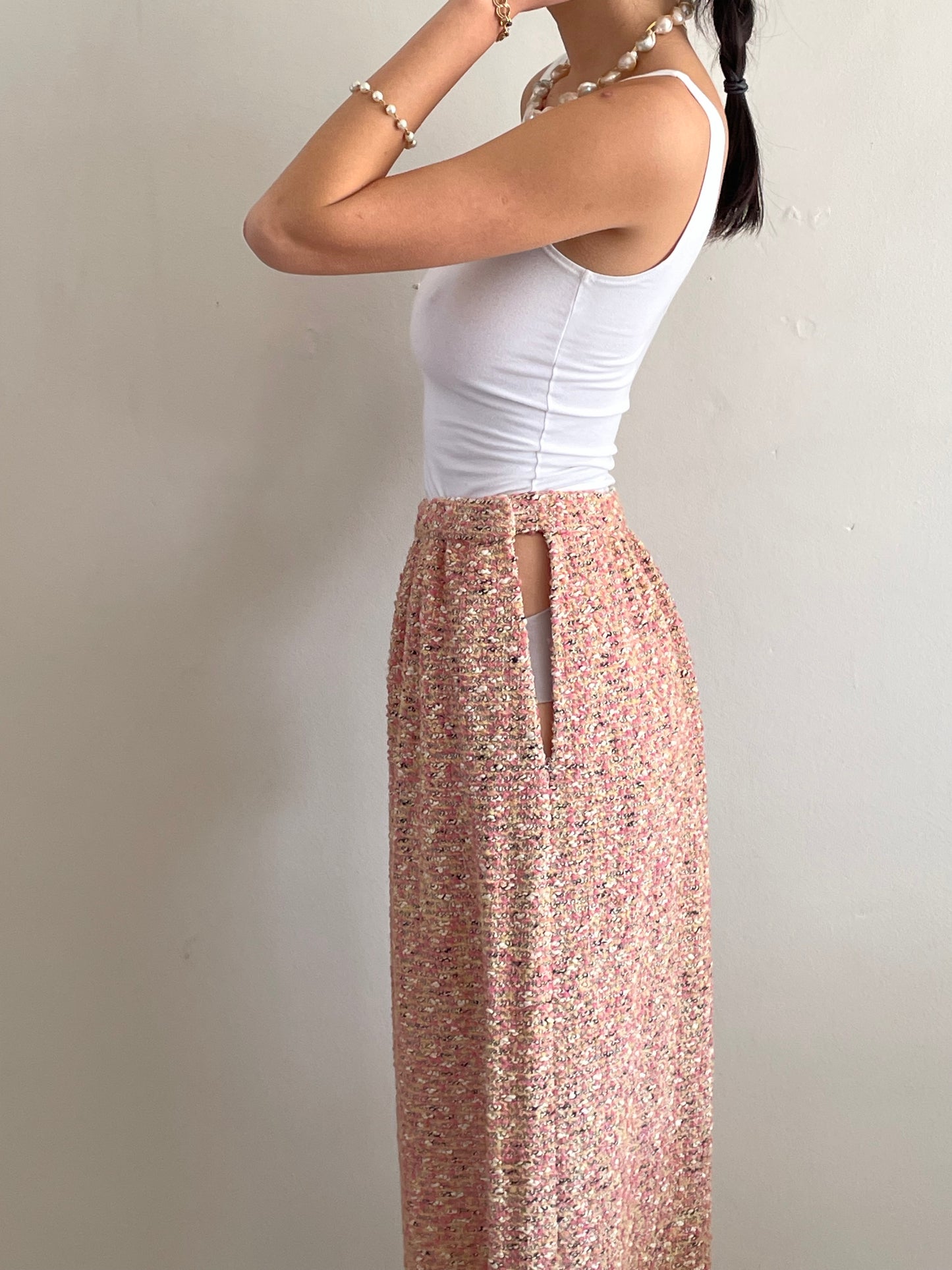 vintage 70s pink nubby boucle wool tweed handmade maxi skirt | Waist size 26