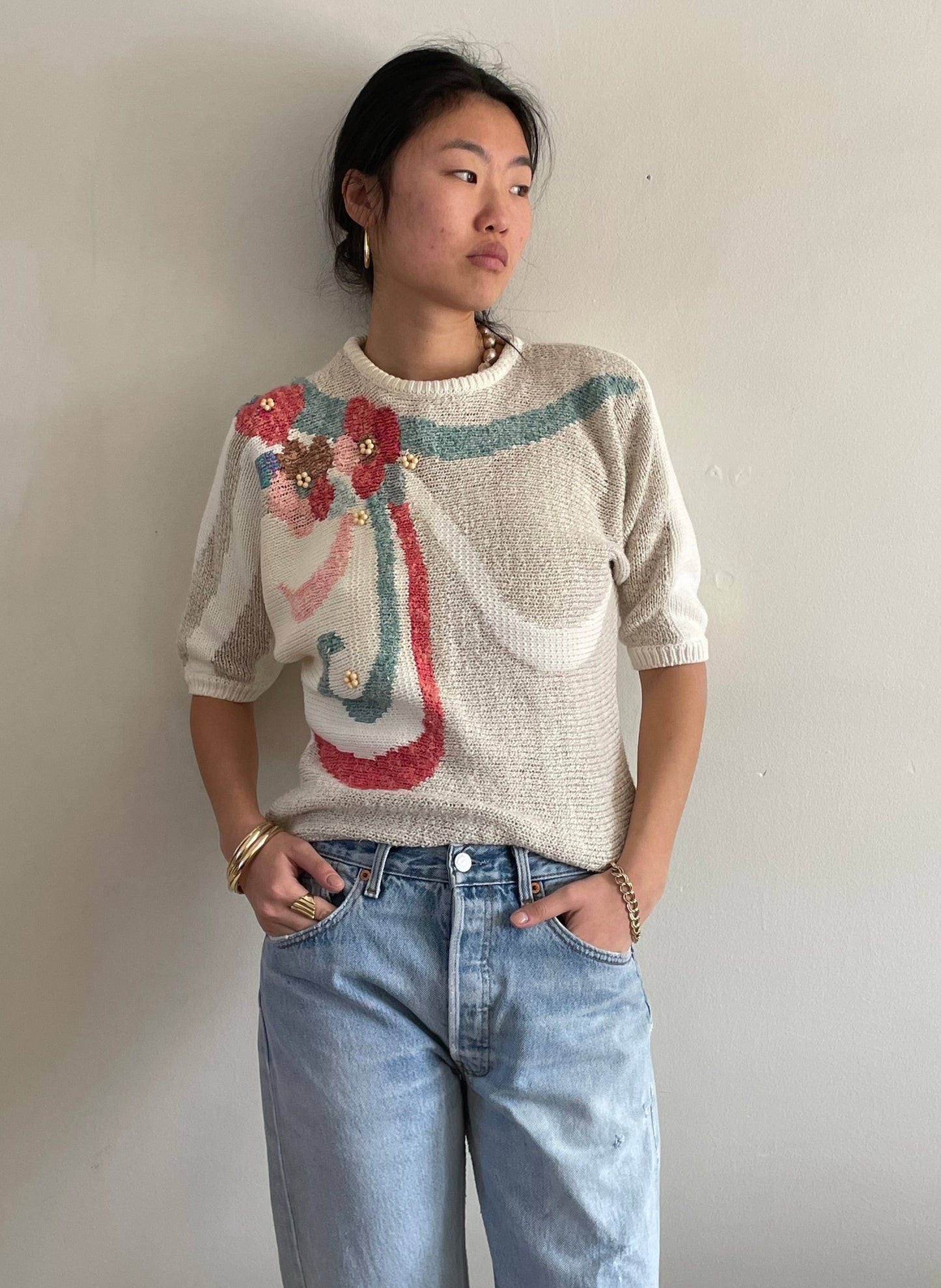 vintage white cotton intarsia floral batwing sweater