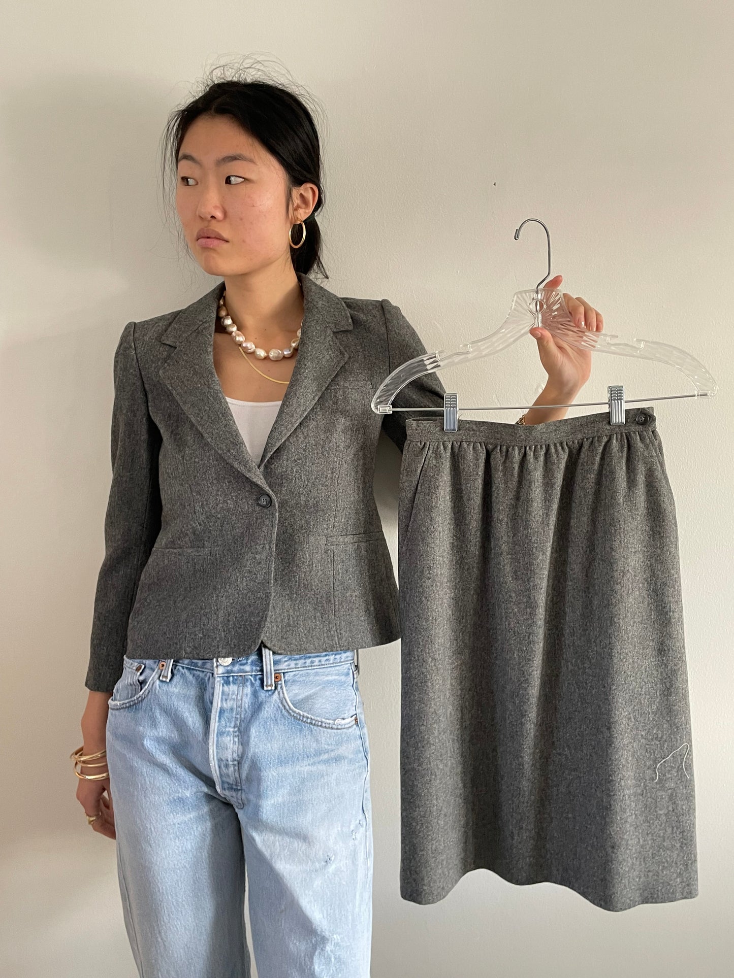 Vintage Cropped Gray Wool Blazer + Matching Skirt Suit Set | Petite Charcoal Single Button Blazer | Small