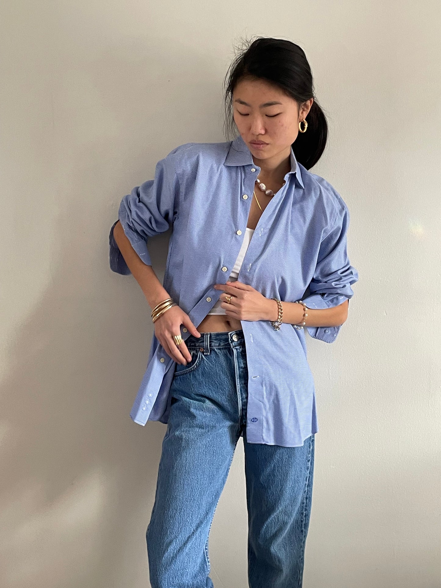 oversized cotton baby blue boyfriend shirt | luxe woven spread collar button down shirt | XL